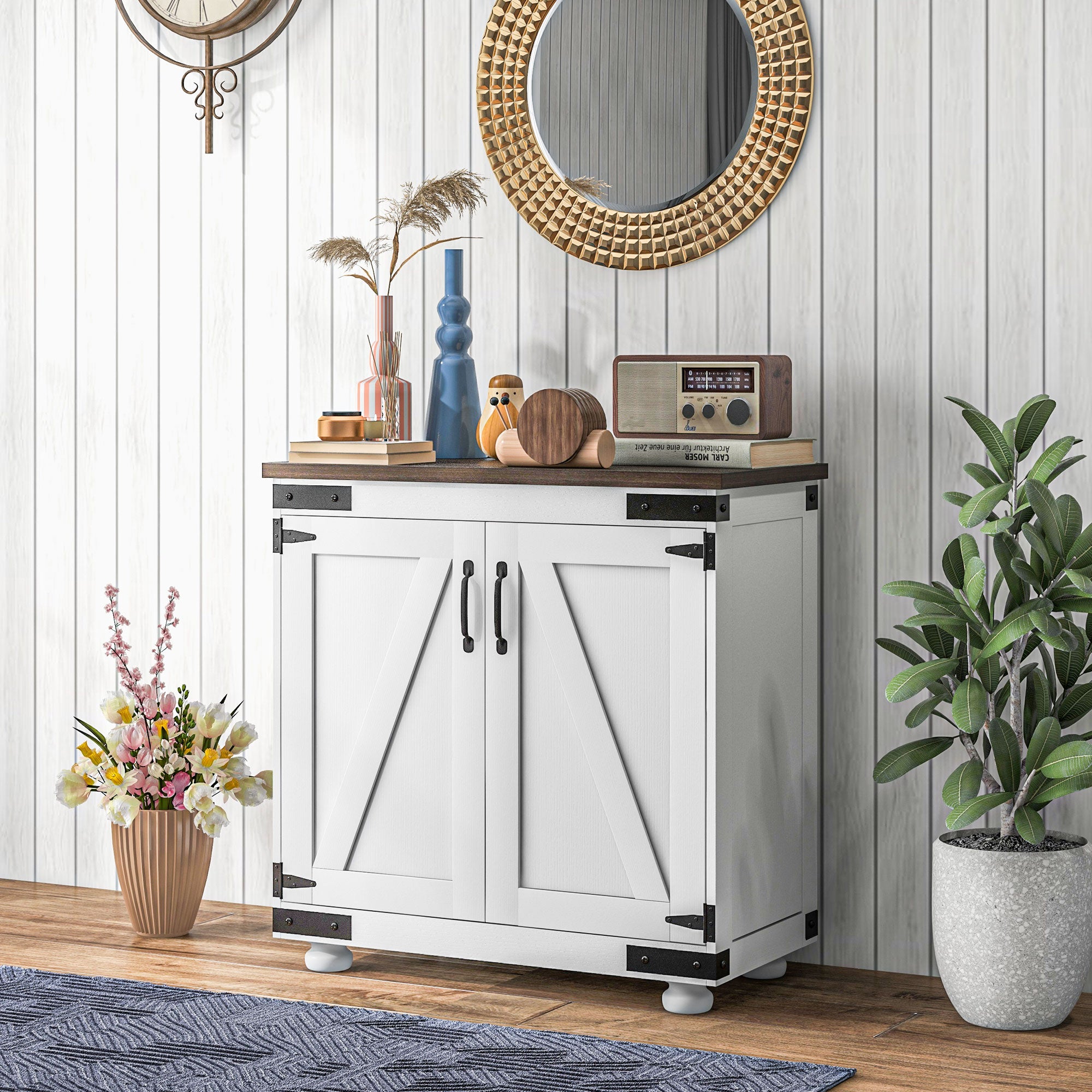 Kitchen Sideboard, Buffet Cabinet with Barn Door and Adjustable Shelf, Distressed White
