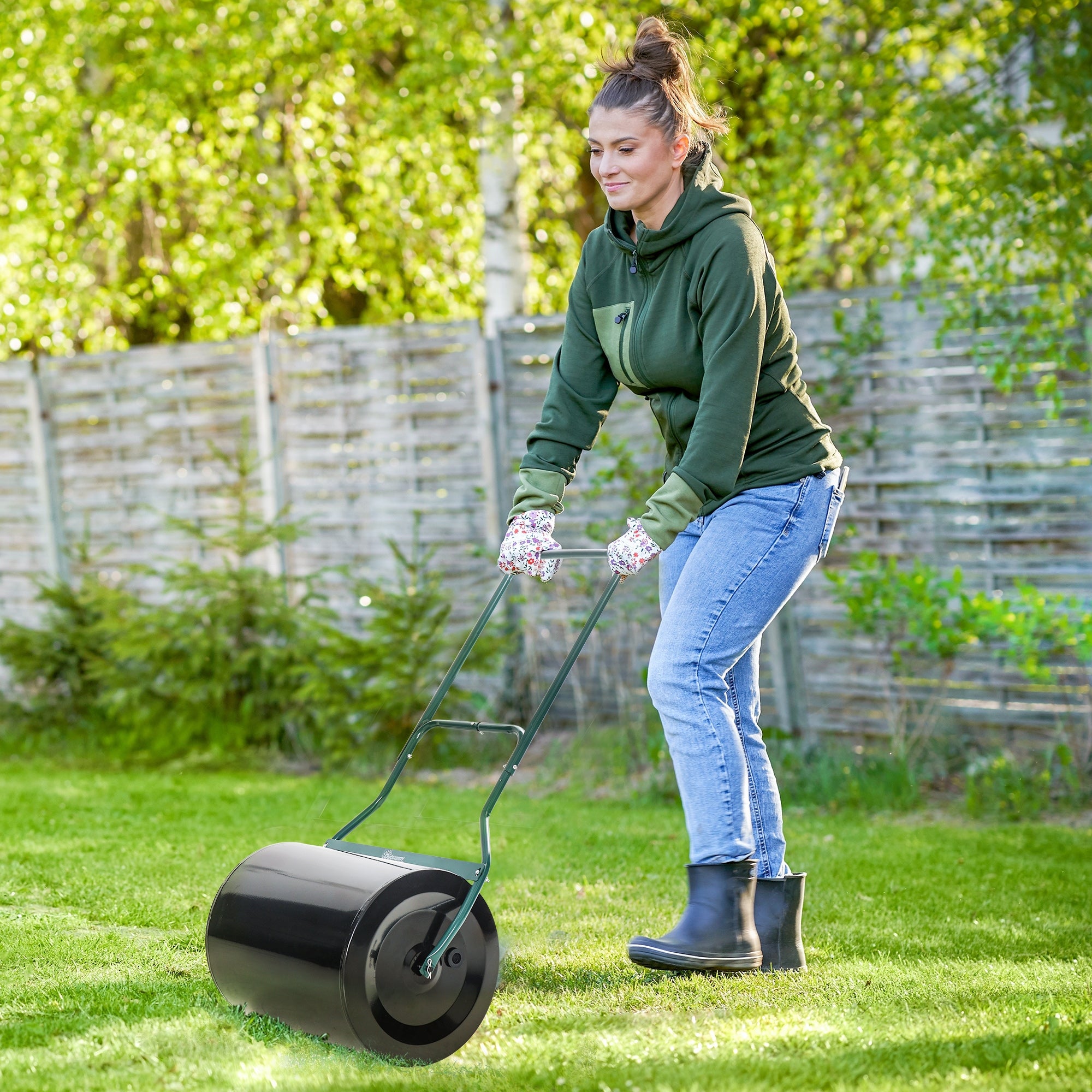 20-Inch Push/Tow Behind Lawn Roller Filled with 16 Gal Water or Sand, Perfect for Flattening Sod in the Garden - Green/Black - Image 2