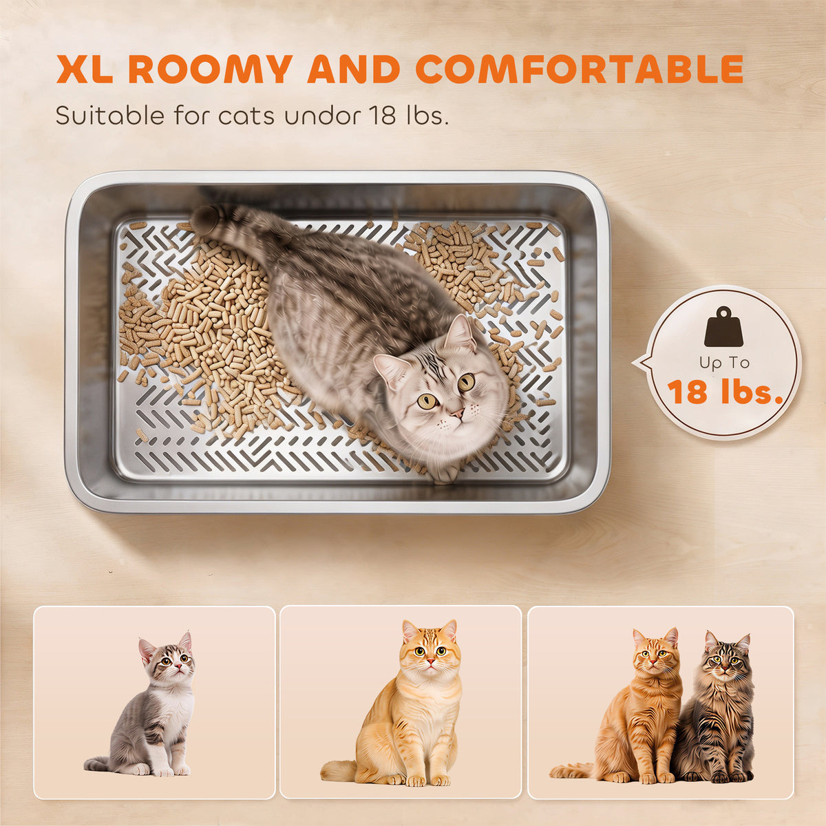 Stainless Steel Litter Box, XL Sifting Cat Litter Box for Medium, Large Cat, Non-Sticky, Odour Free, Easy Clean, Silver