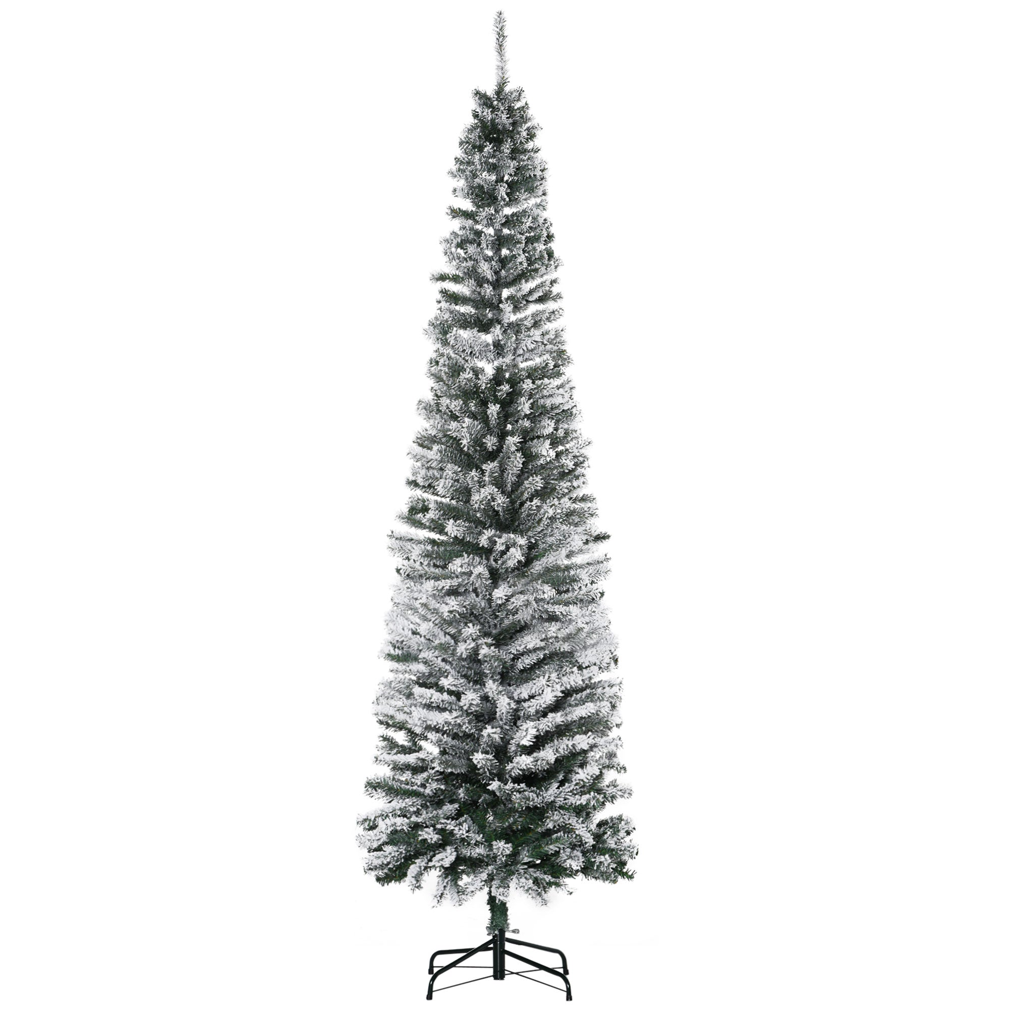 HOMOM 7.5ft Flocked Christmas Tree, Pencil Artificial Xmas Tree with Faux Snow, Dense Branches, Foldable Metal Base for Indoor Holiday Decor