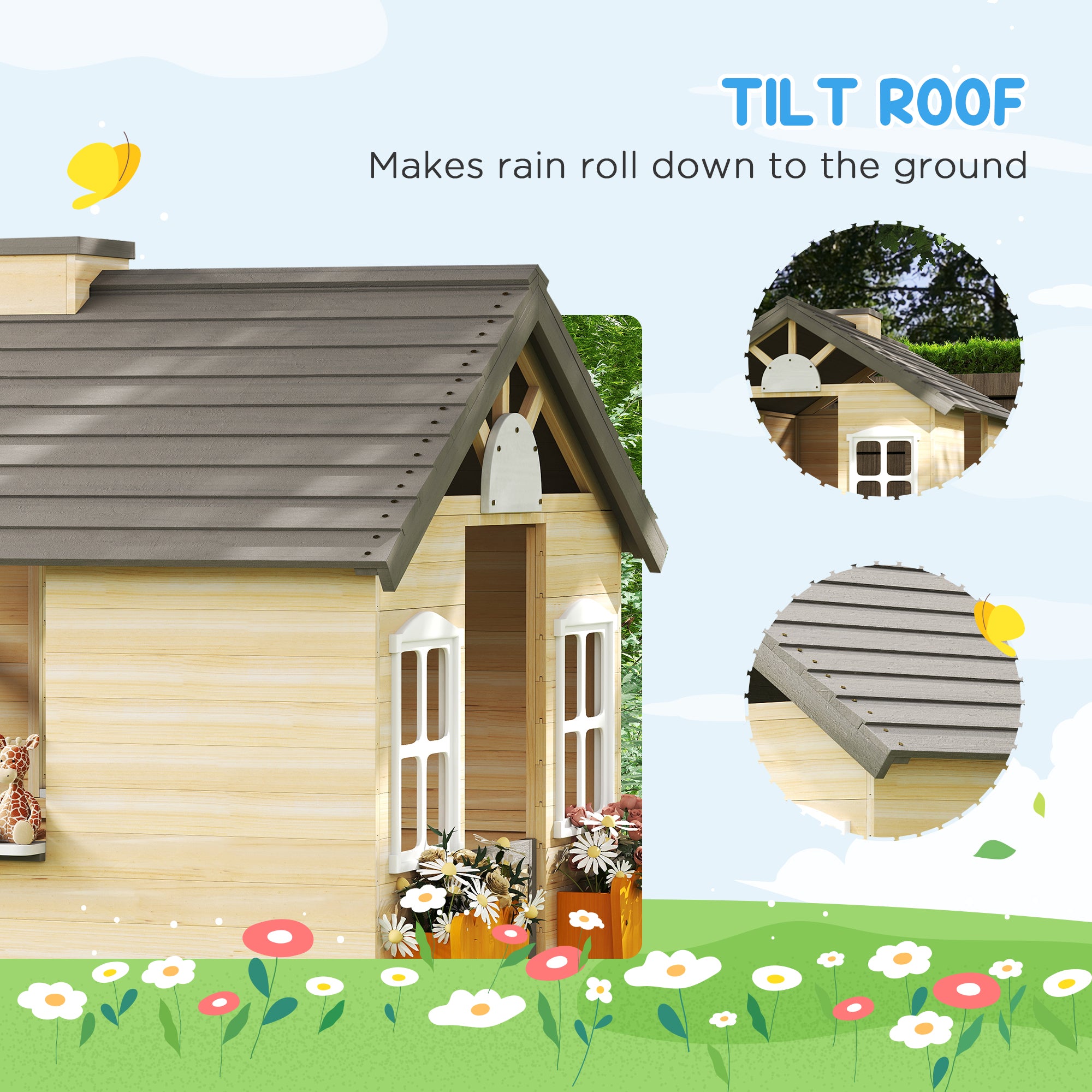 Wooden Playhouse for Kids Outdoor Garden Pretend Play Games, Adventures Cottage, with Working Door, Windows, Bench, Service Station, Flowers Pot Holder, for 3-7 Years Old
