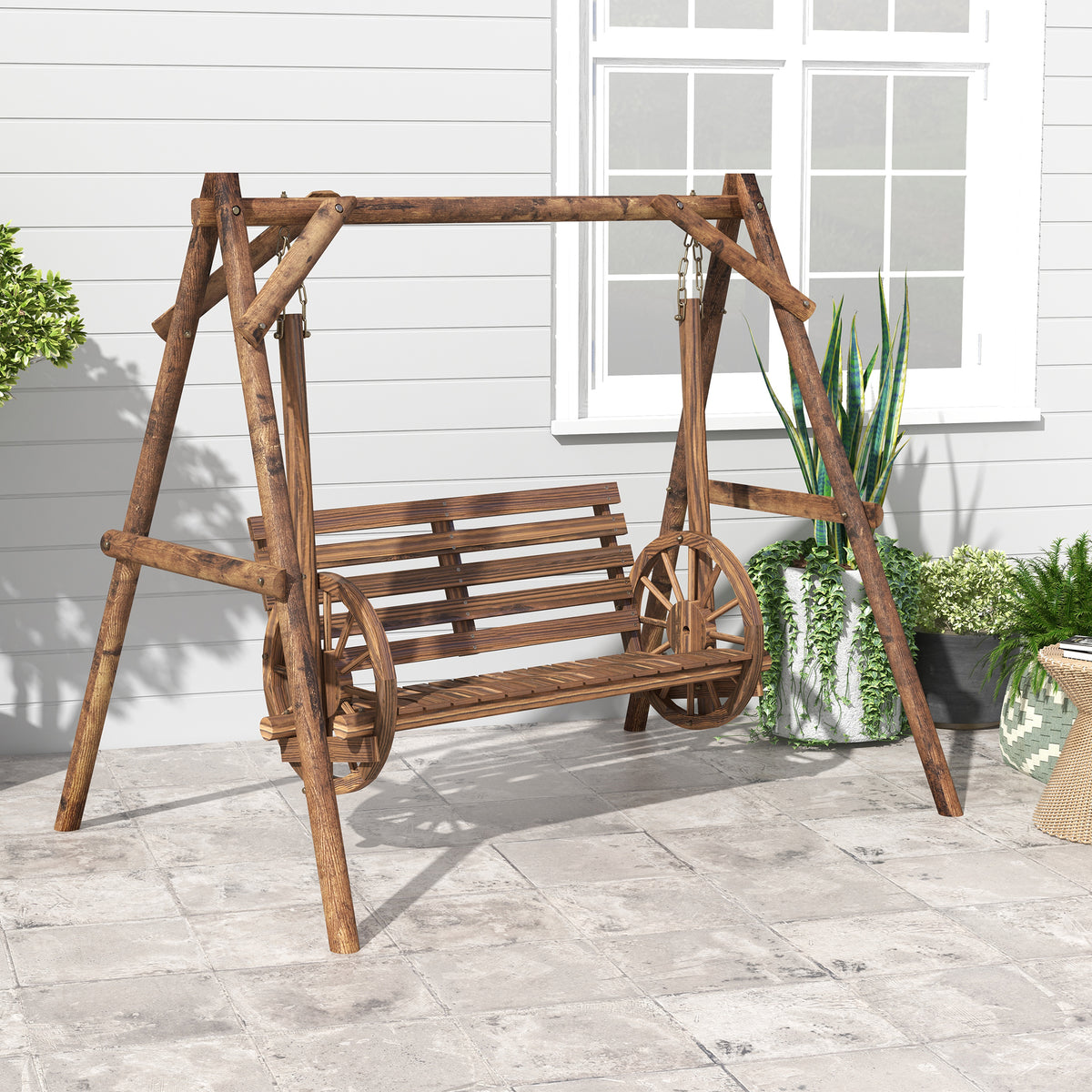 2-Seat Porch Swing with A-Frame Stand, Wooden Log Patio Swing Chair Bench with Wagon Wheel Armrests, Carbonized Brown