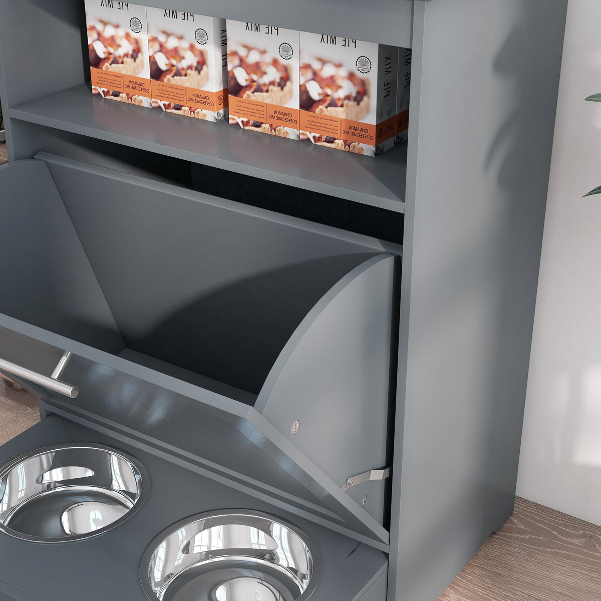 Pet Feeder Station Storage Cabinet, Dog Food Storage Container with Dog Raised Bowls, Watering Supplies, Gray