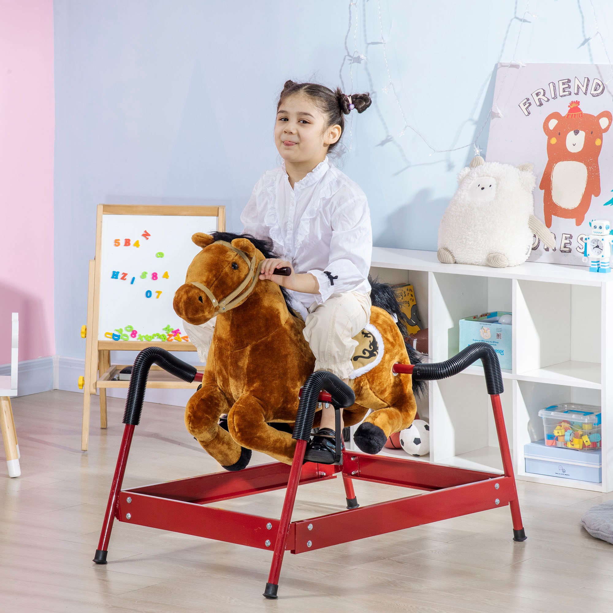 Kids Spring Rocking Horse, Ride on Horse for Girls and Boys with Animal Sounds, Plush Animal Ride-on Toy with Soft Feel, Interactive Toy for Kids, Light Brown