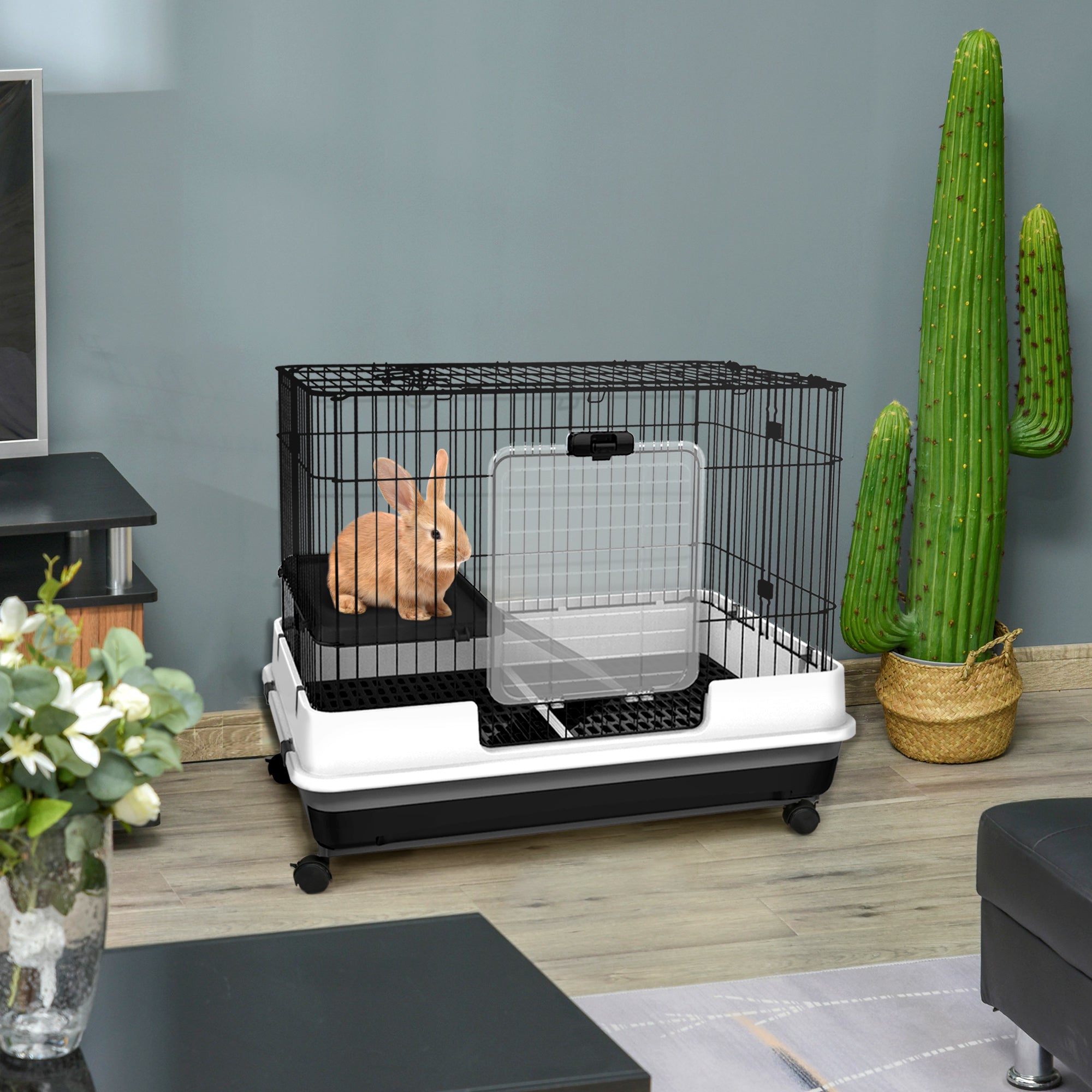 2-Level Small Animal Cage Rabbit Hutch with Wheels, Removable Tray, Platform and Ramp for Bunny, Chinchillas, Ferret, Black - Black - Image 7
