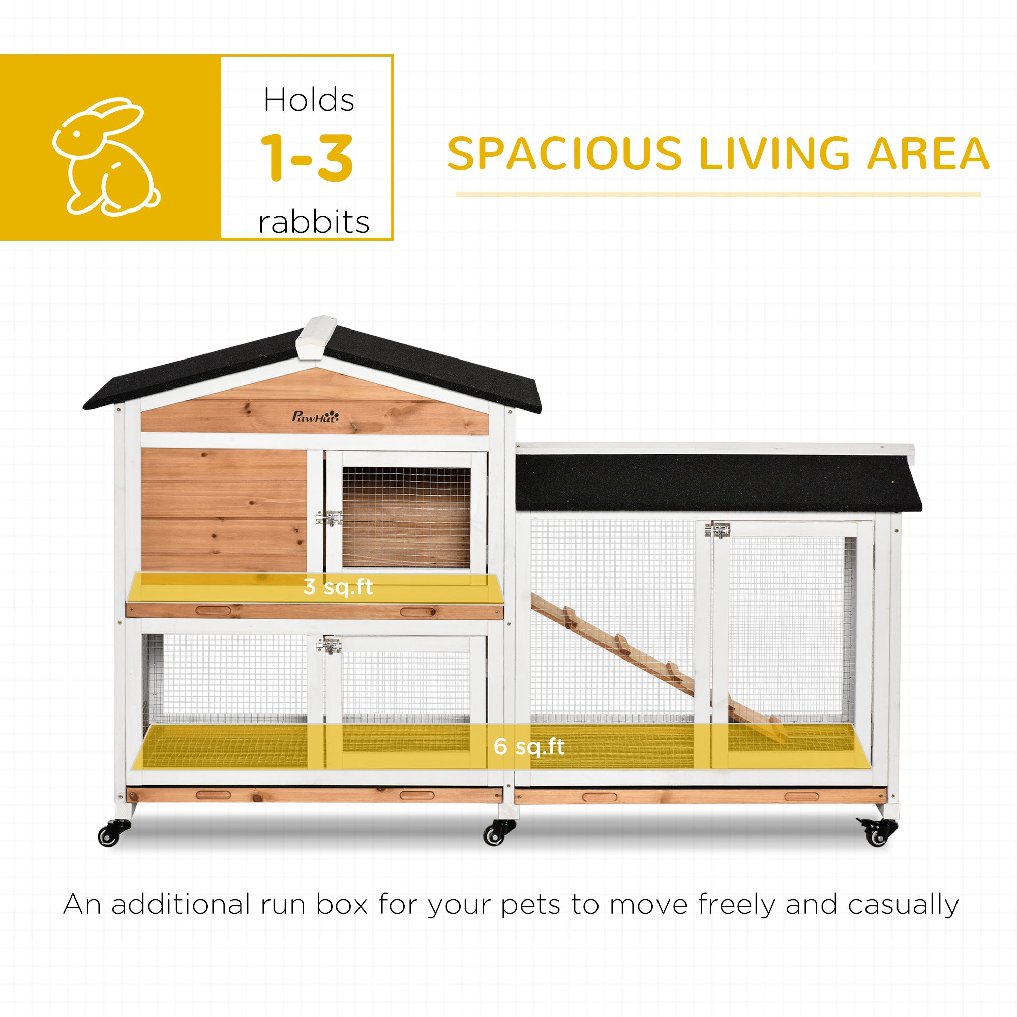 62" Wooden Mobile Rabbit Hutch with Wheels, Run Box, Slide-out Tray, Ramp, Yellow - Natural Wood - Image 4