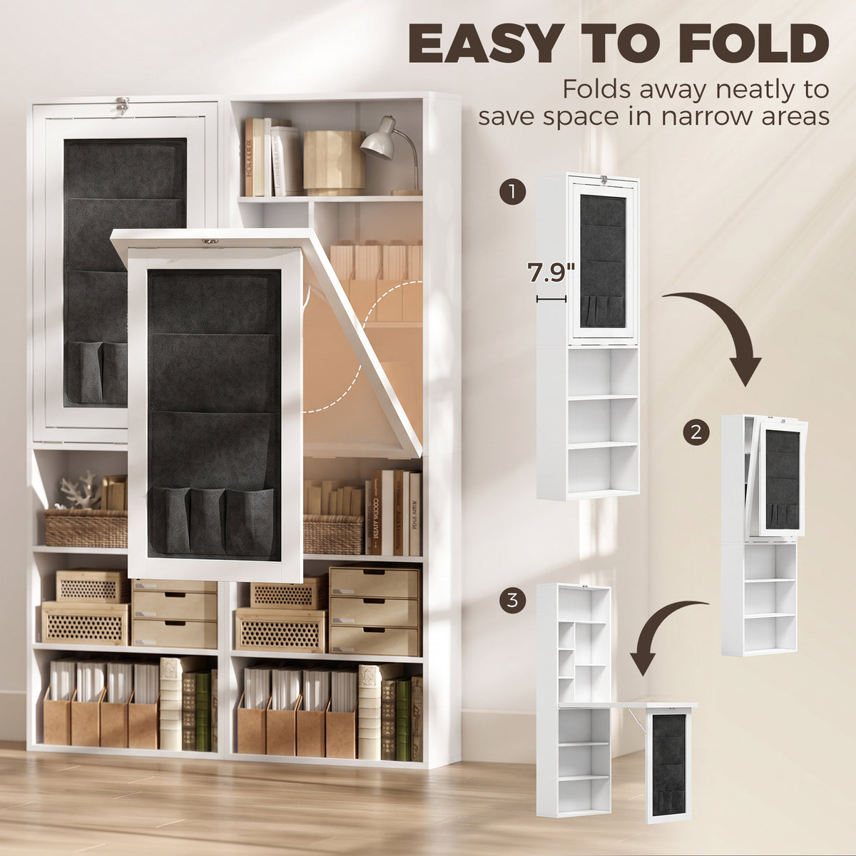 Foldable Convertible Writing Table with Storage Shelves, Bag, Wall-Mounted Space-Saving Computer Desk, White