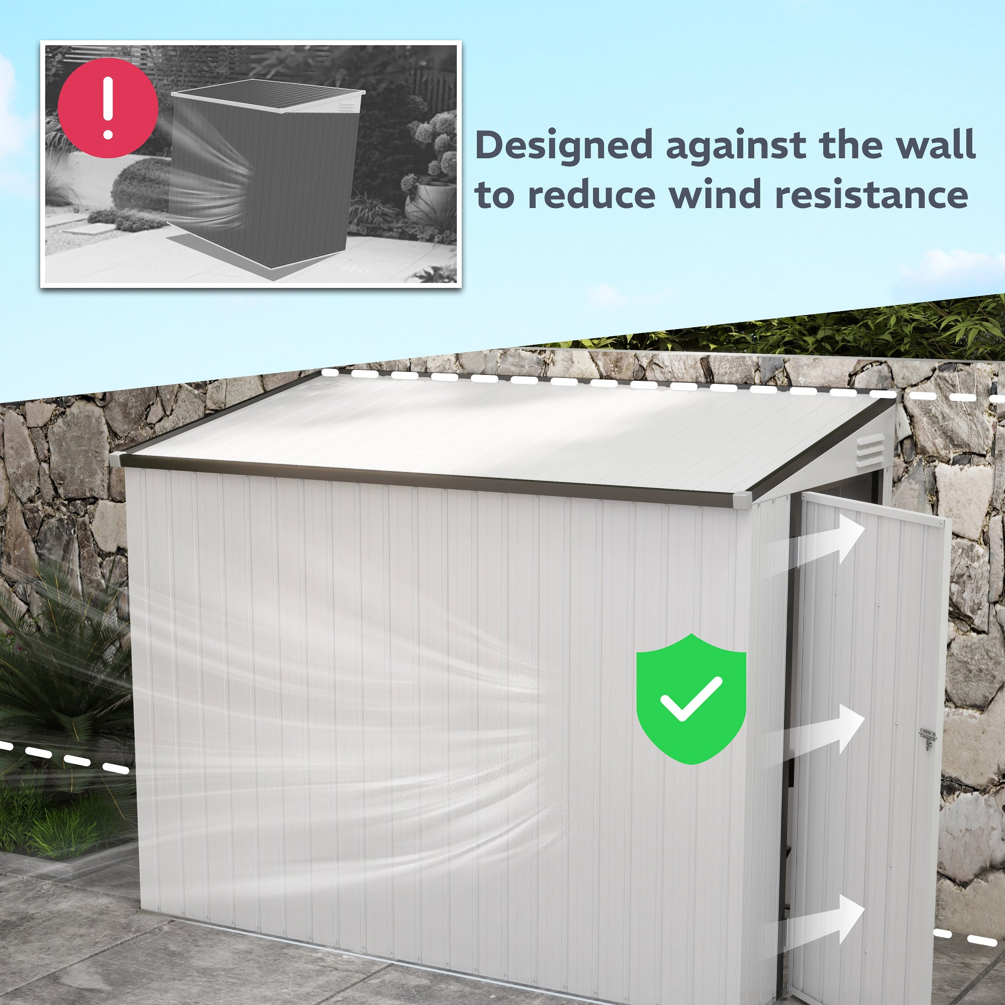 4' x 7.7' Lean to Garden Storage Shed, Outdoor Metal Tool House with Lockable Door Vents for Backyard Patio Lawn, White - White - Image 4