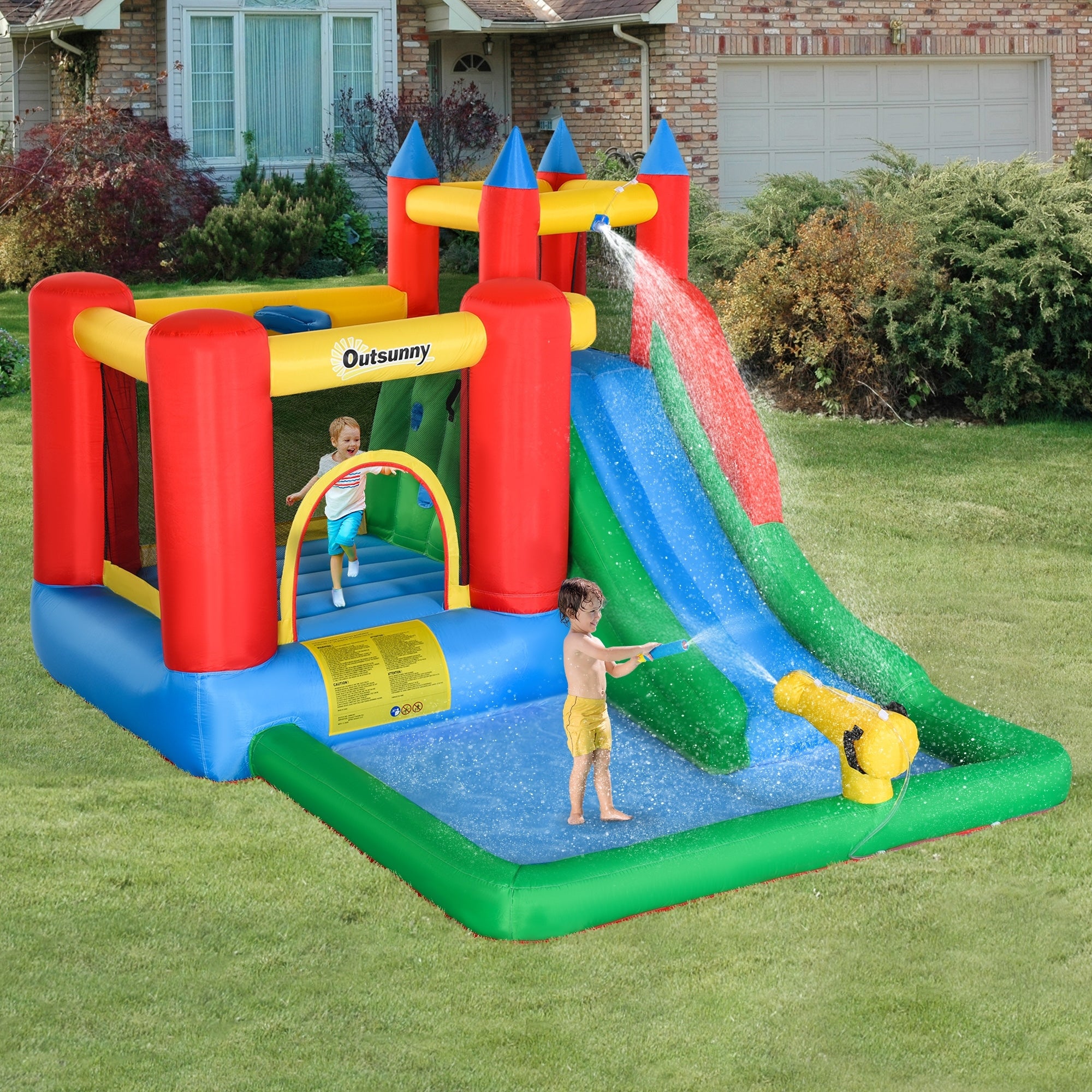 Kids Bounce House Inflatable Slide with Splash Pool, Water Cannon, Climbing Wall, Inflator Included, 6 in1 Bouncy Castle Kids Backyard Activity Outdoor Water Play Toy
