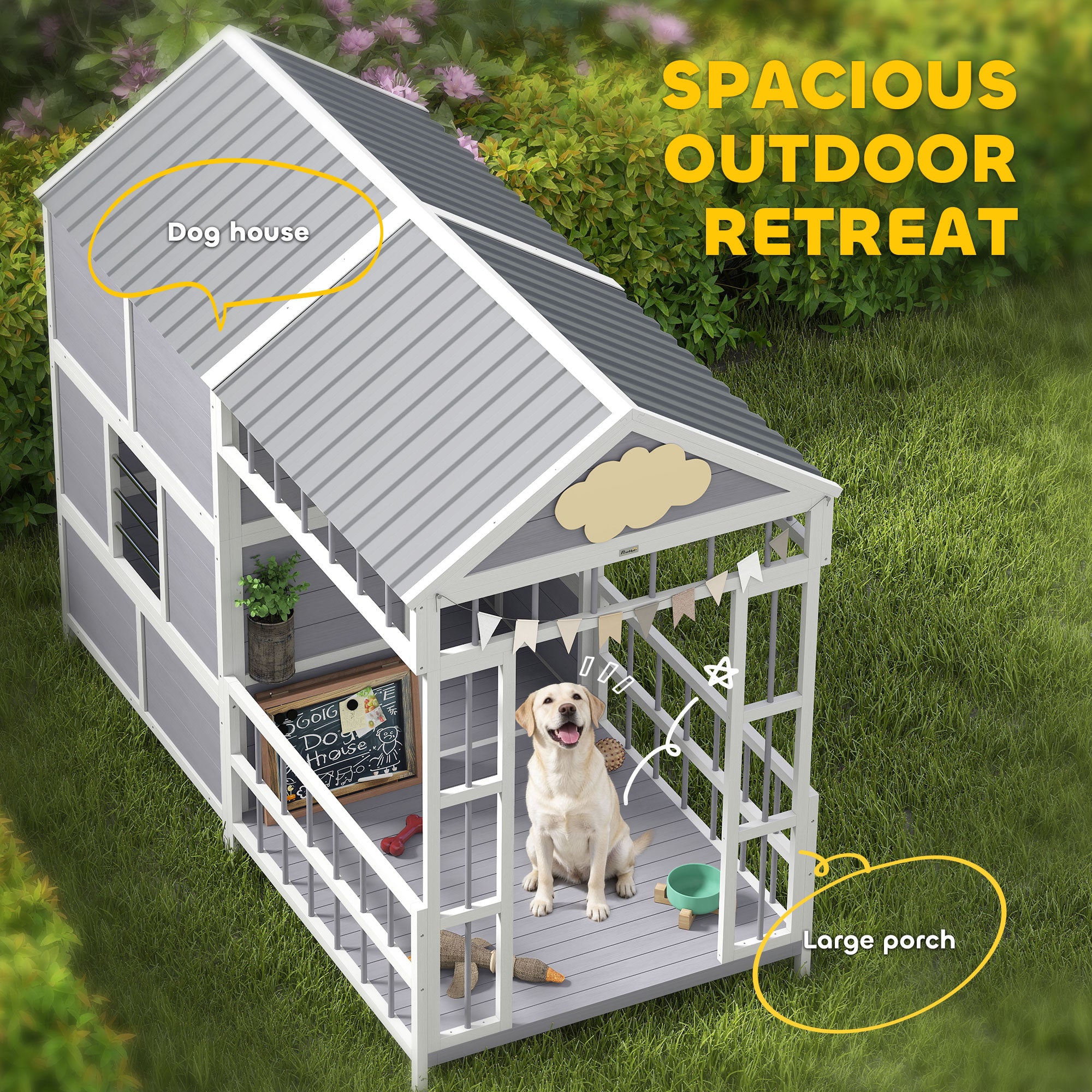 79"L Large Dog House Outdoor, Wooden Dog Kennel with Porch, Storage Cabinet,Weatherproof Roof, Windows - Gray - Image 4