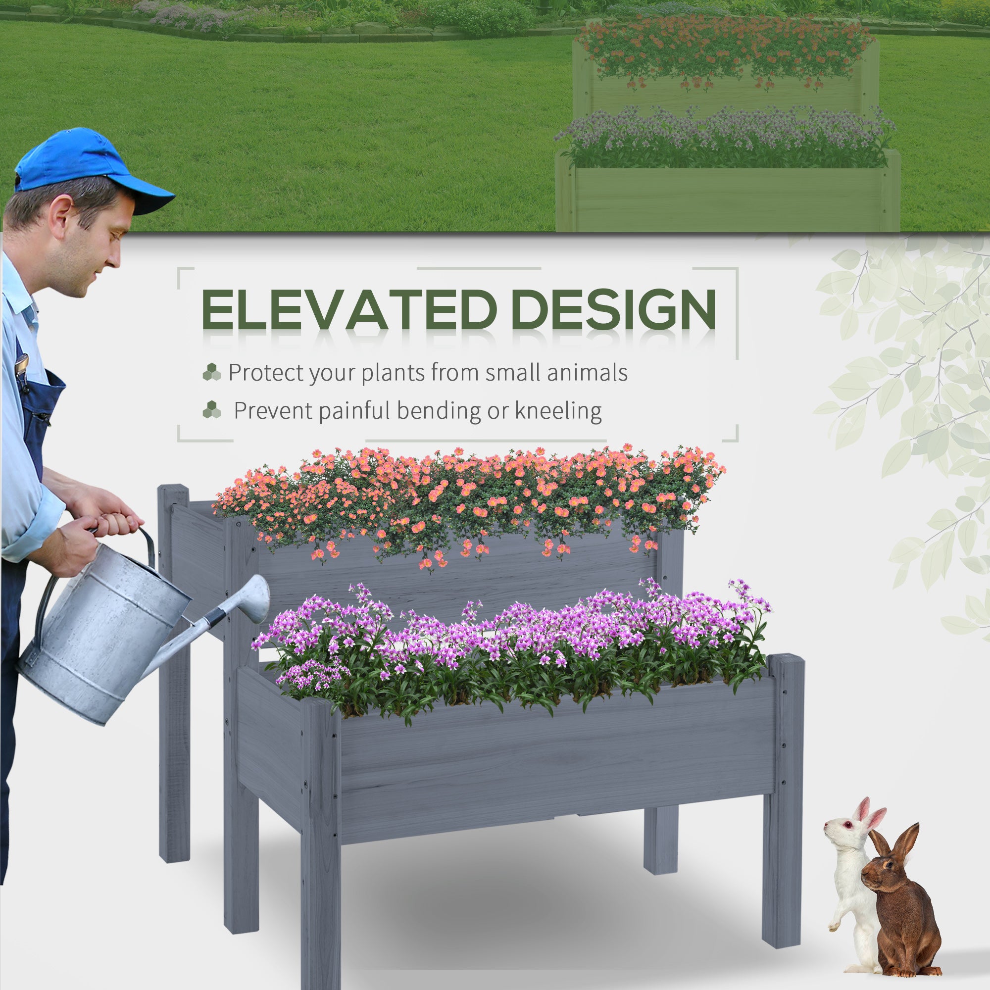 34"x34"x28" Raised Garden Bed 2-Tier Wooden Planter Box for Backyard, Patio to Grow Vegetables, Herbs and Flowers, Gray - Gray - Image 4