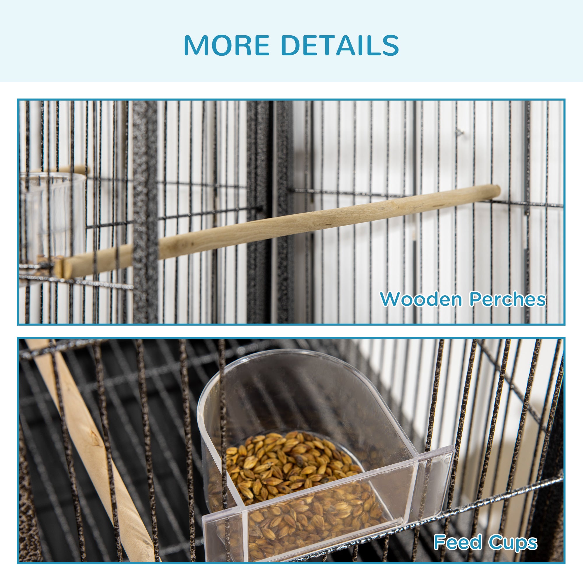 Rolling 65"L Bird Cage w/ Storage Shelf Wood Perch Food Container - Black, Gray - Image 8