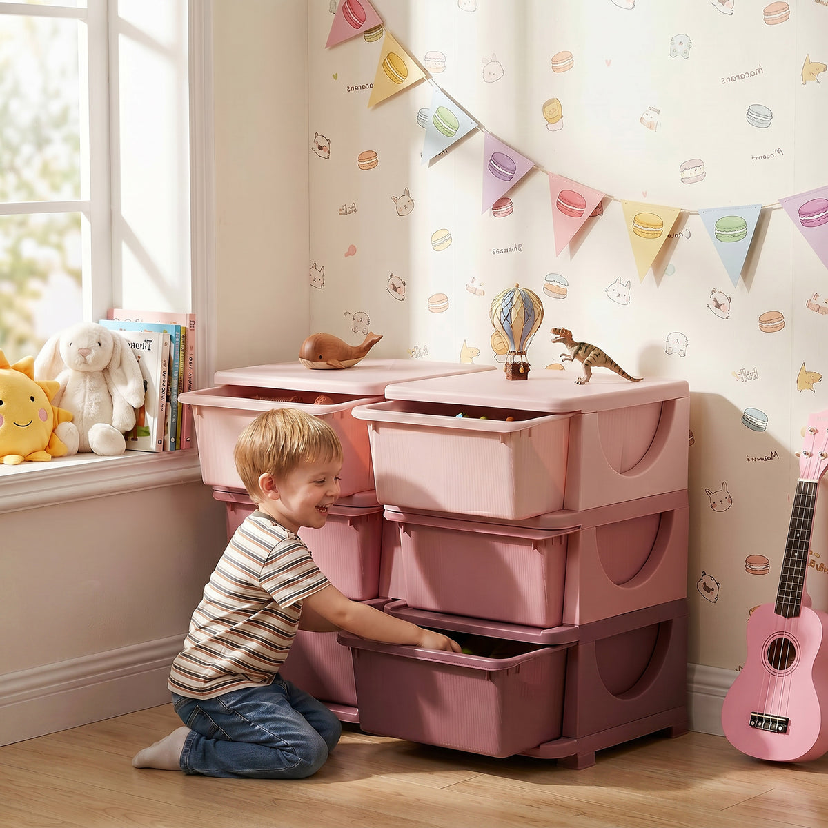 Qaba 3 Tier Kids Storage Organizer with 6 Drawers for Bedroom, Nursery, Kindergarten, Living Room, Boys and Girls, Pink