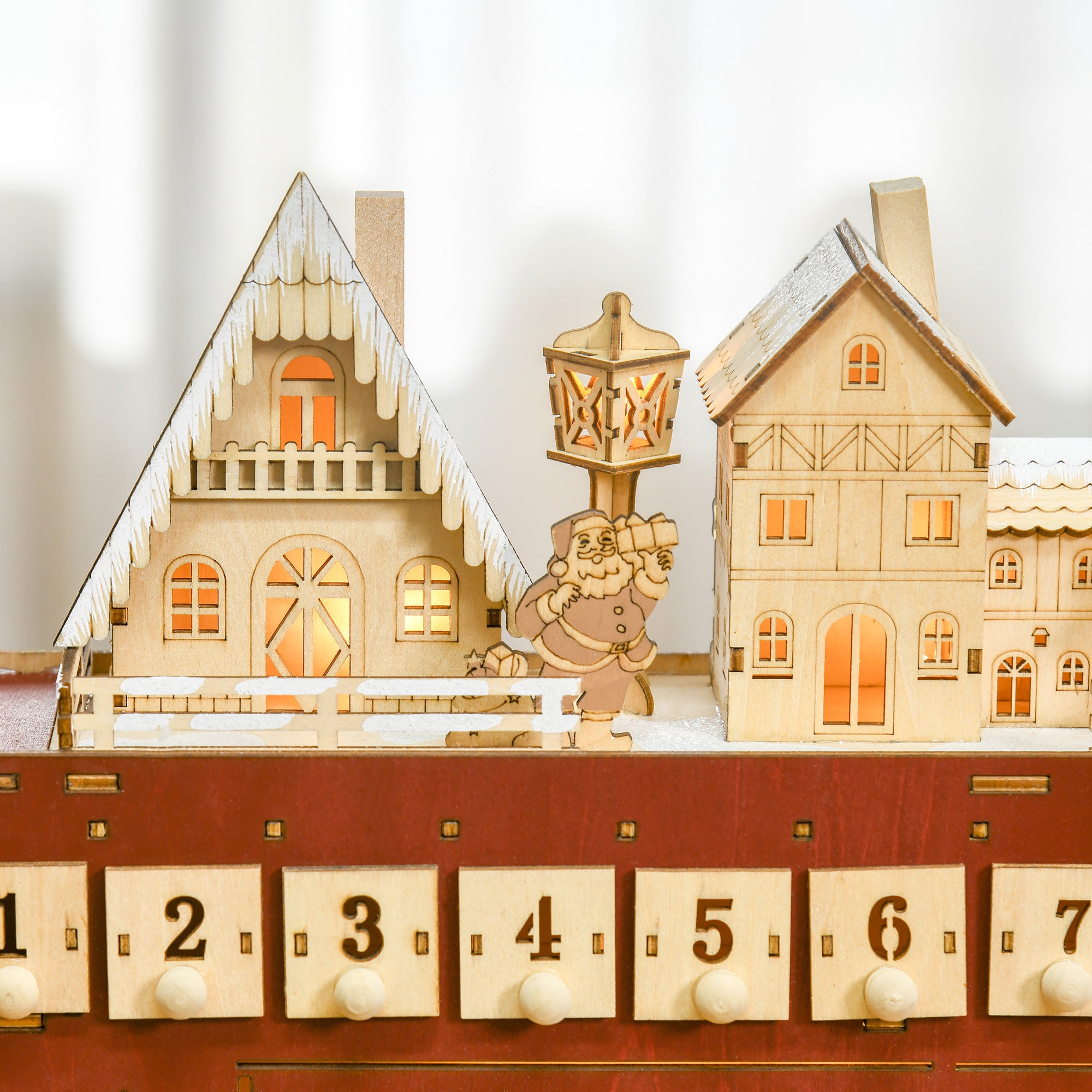 Christmas Advent Calendar, Light Up Table Xmas Wooden Bus Holiday Decoration with Countdown Drawer, Santa Claus Street House, for Kids and Adults