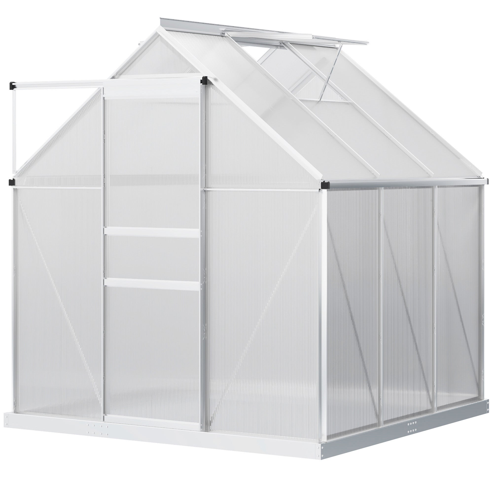 6' x 6' x 6.5' Polycarbonate Greenhouse with Aluminum Frame, Walk-in Heavy Duty Green House with Adjustable Roof Vent, Rain Gutter and Sliding Door for Winter, Silver - Silver