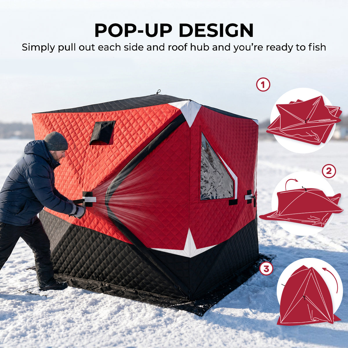 Insulated Pop-Up Ice Fishing Tent, 3-4 Person Portable Hub Style Ice Fishing Shelter with Double Zipper Doors