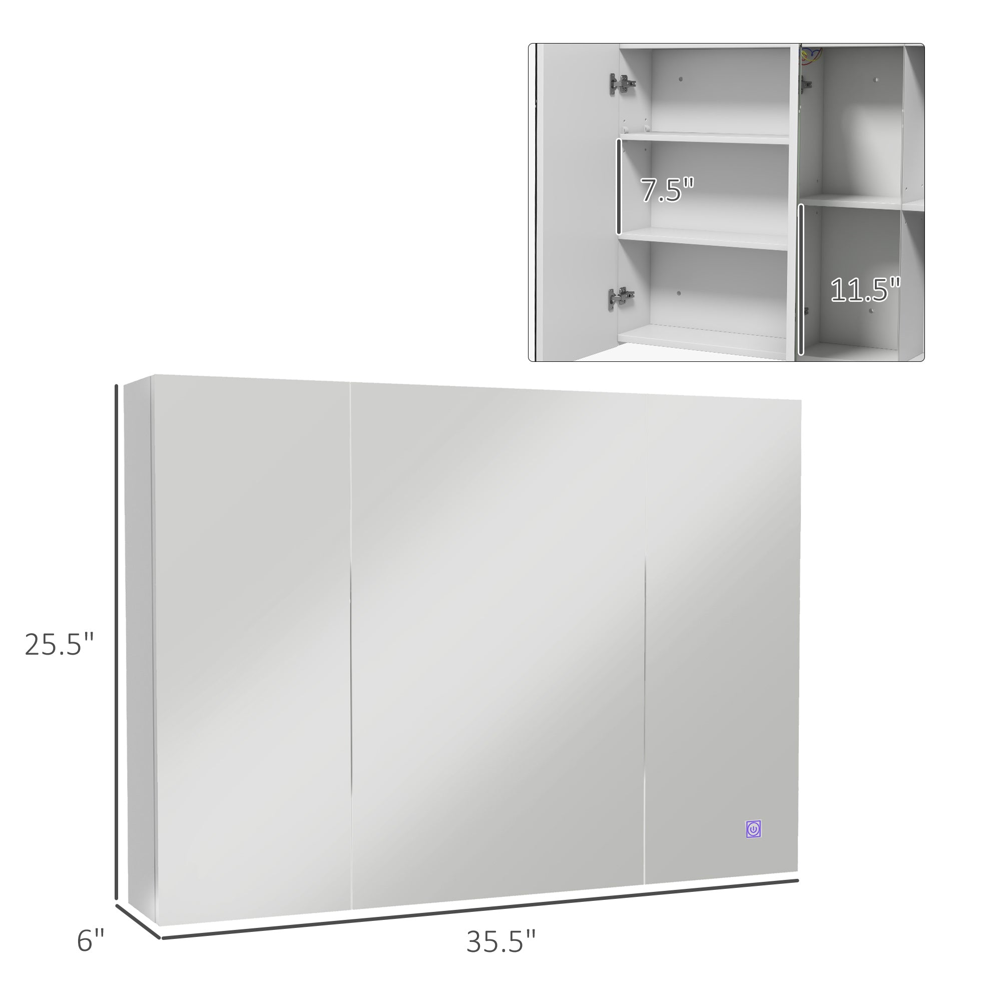 Bathroom Mirror Cabinet with Light, Bathroom Storage Cupboard with USB Charge, Adjustable Shelf, 35.5"W x 25.5"H, White