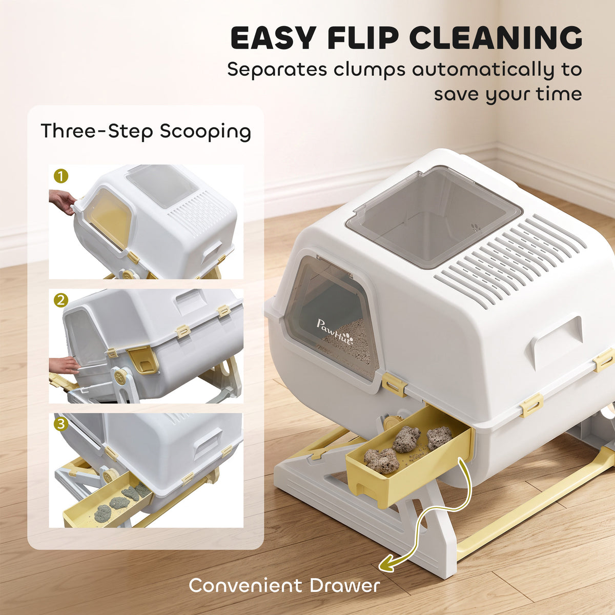 Semi-Automatic Quick Cleaning Cat Litter Box with Lid, Enclosed Cat Litter Box, Flip-to-Clean, Yellow