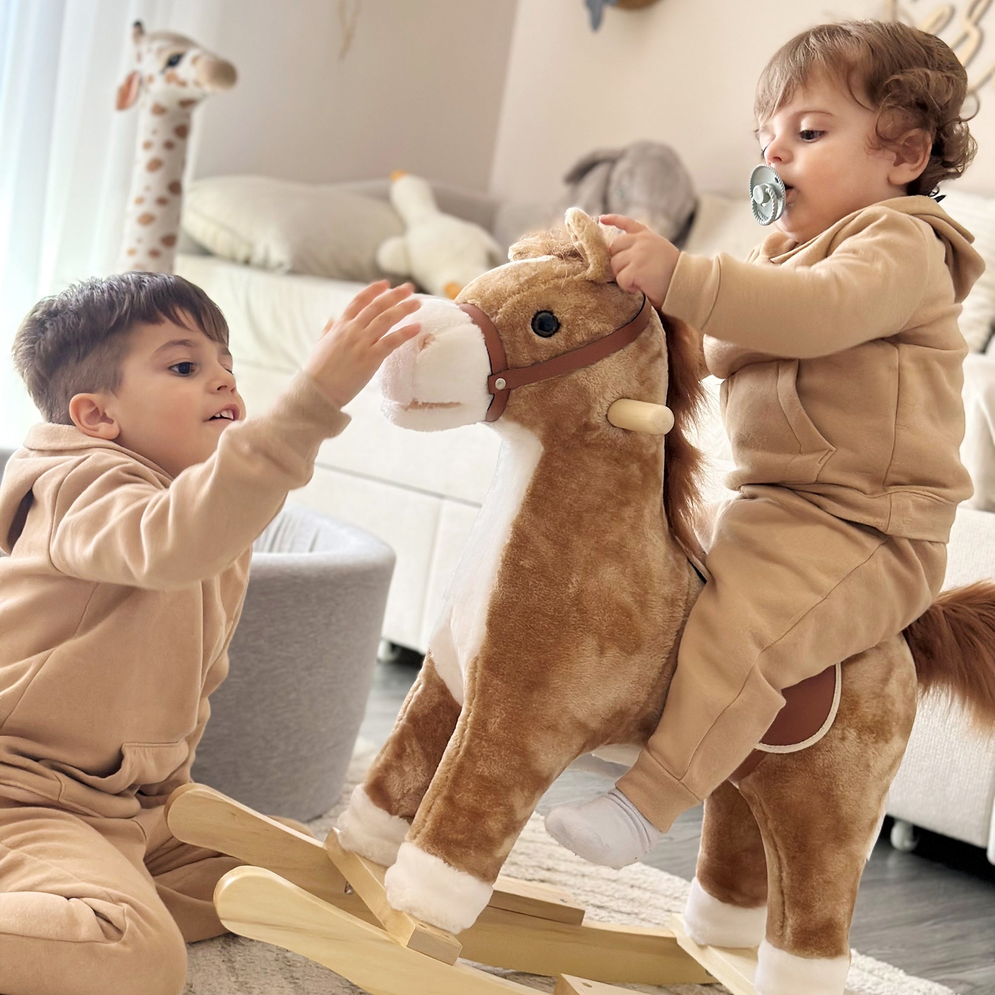 Rocking Horse Plush Animal on Wooden Rockers, Baby Rocking Chair with Sounds, Moving Mouth, Wagging Tail, Brown