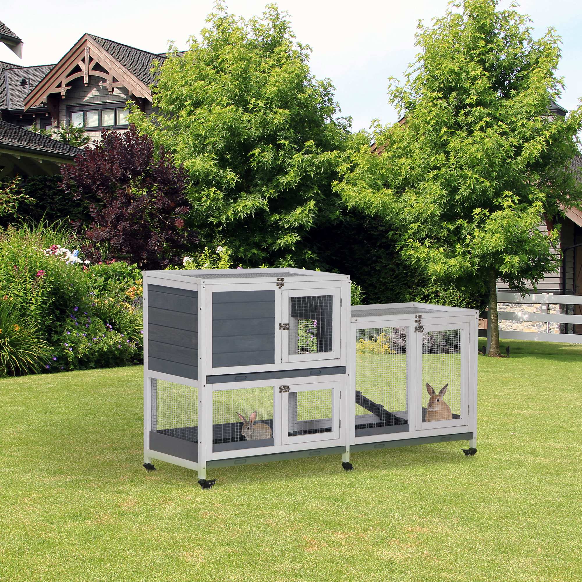 Wooden Rabbit Hutch Bunny Hutch Elevated Pet House Cage Small Animal Habitat with No Leak Tray Lockable Door Openable Top for Rabbits, Chickens, Ducks, Indoor 57.75" x 18" x 32.5" Gray - Grey and White - Image 2
