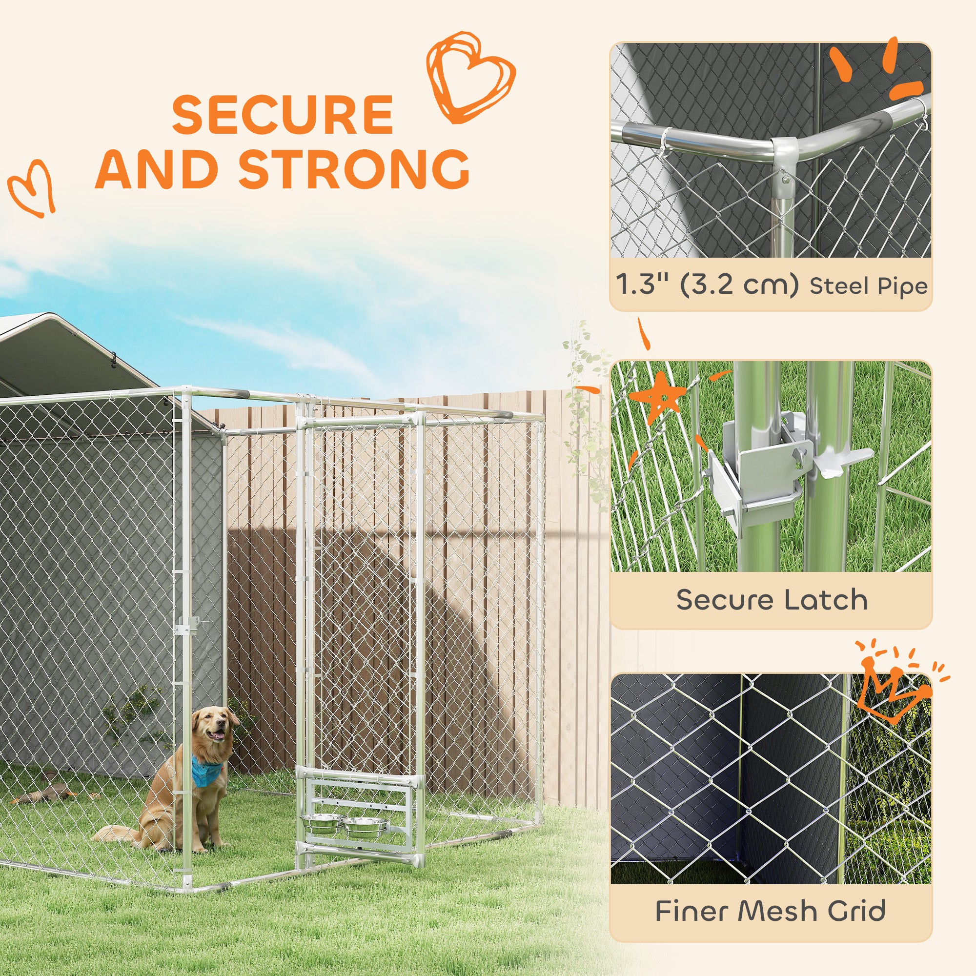 Galvanized Chain Link Large Outdoor Dog Kennel with Waterproof & UV-Resistant Cover, for M&L Dogs, 13.1' x 7.5' x 7.5' - Silver - Image 5