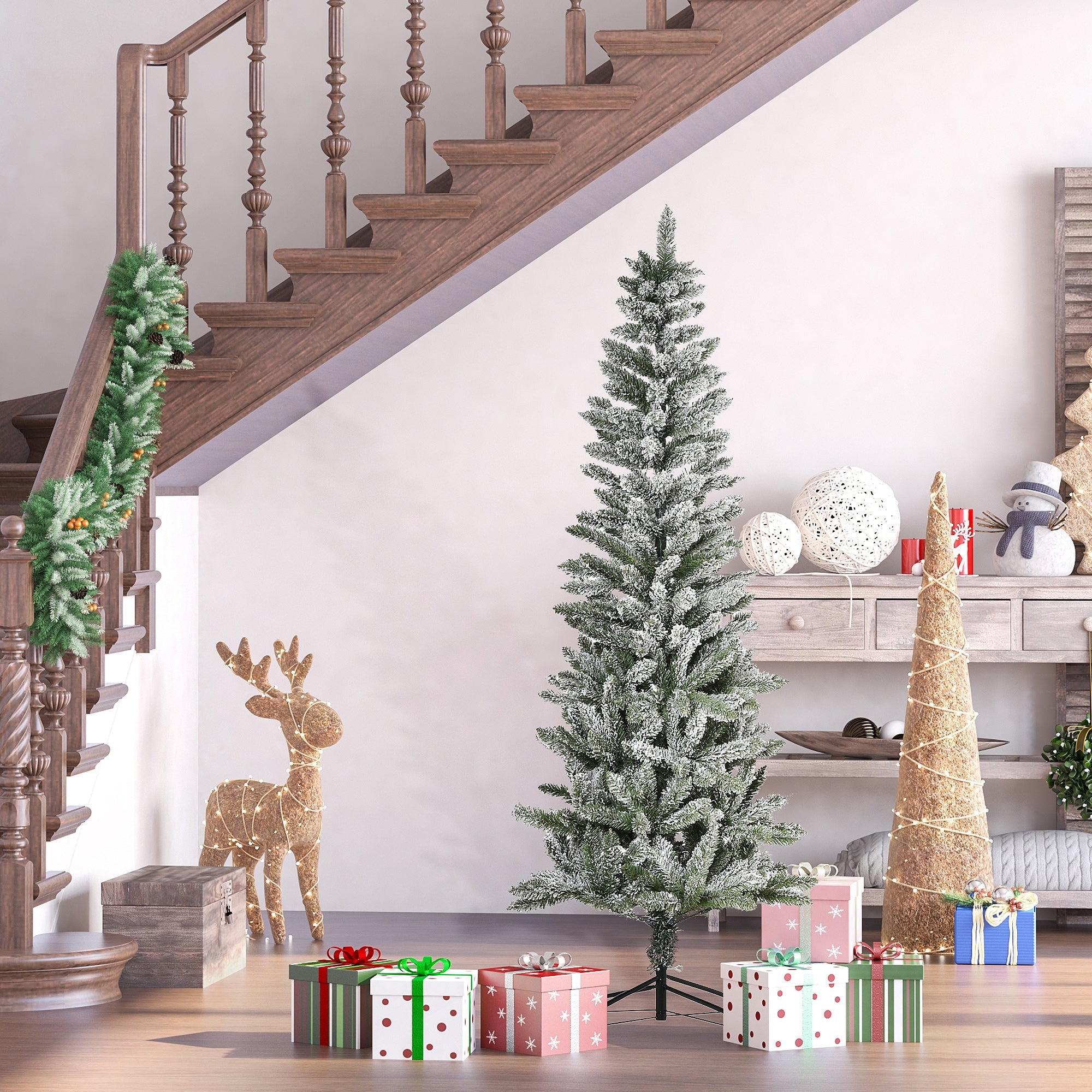 6ft Unlit Snow-Flocked Slim Pine Artificial Christmas Tree with Realistic Branches and 394 Tips