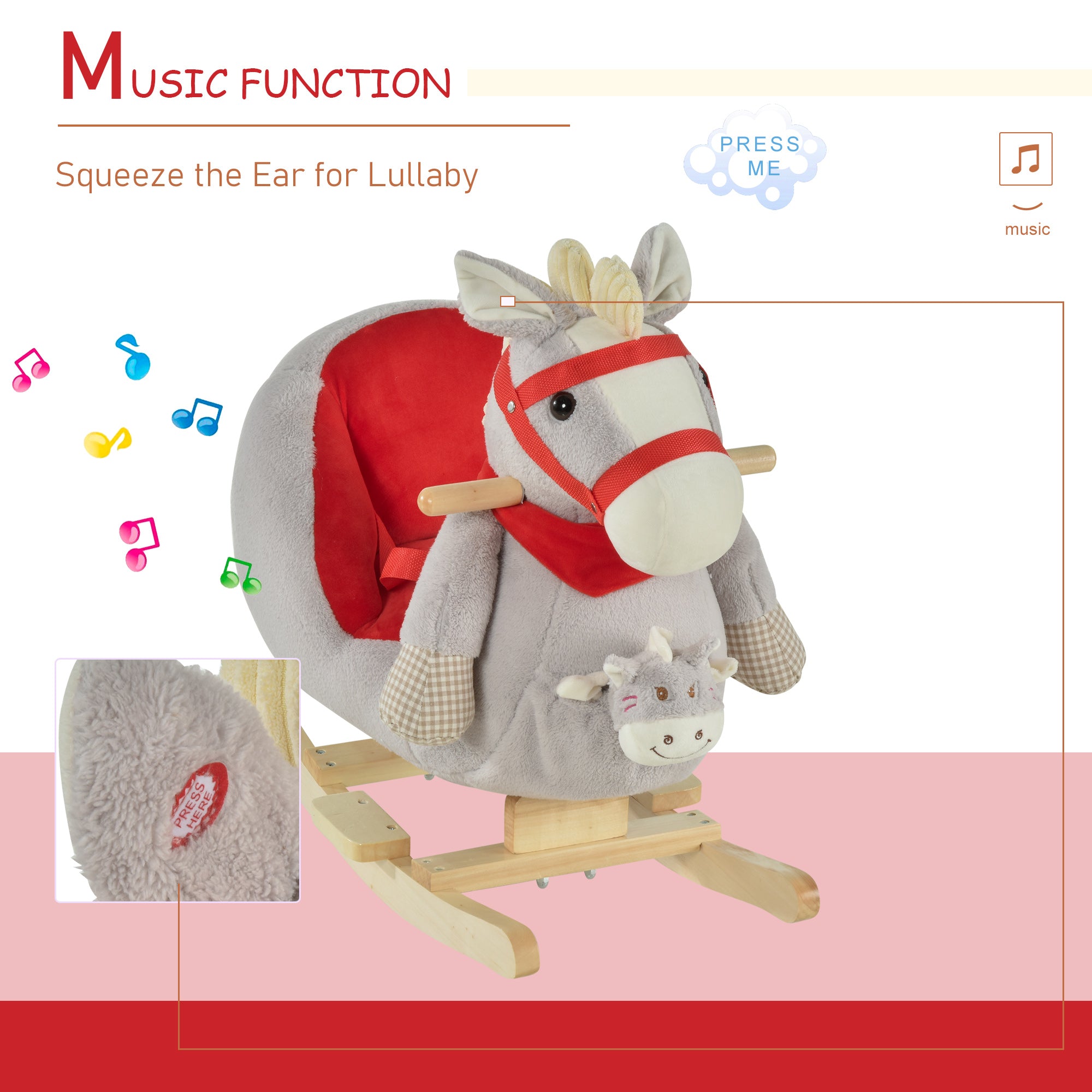Kids Ride-On Rocking Horse Toy, Rocker with Lullaby Song, Hand Puppets & Soft Plush Fabric for Children 18-36 Months, Gray