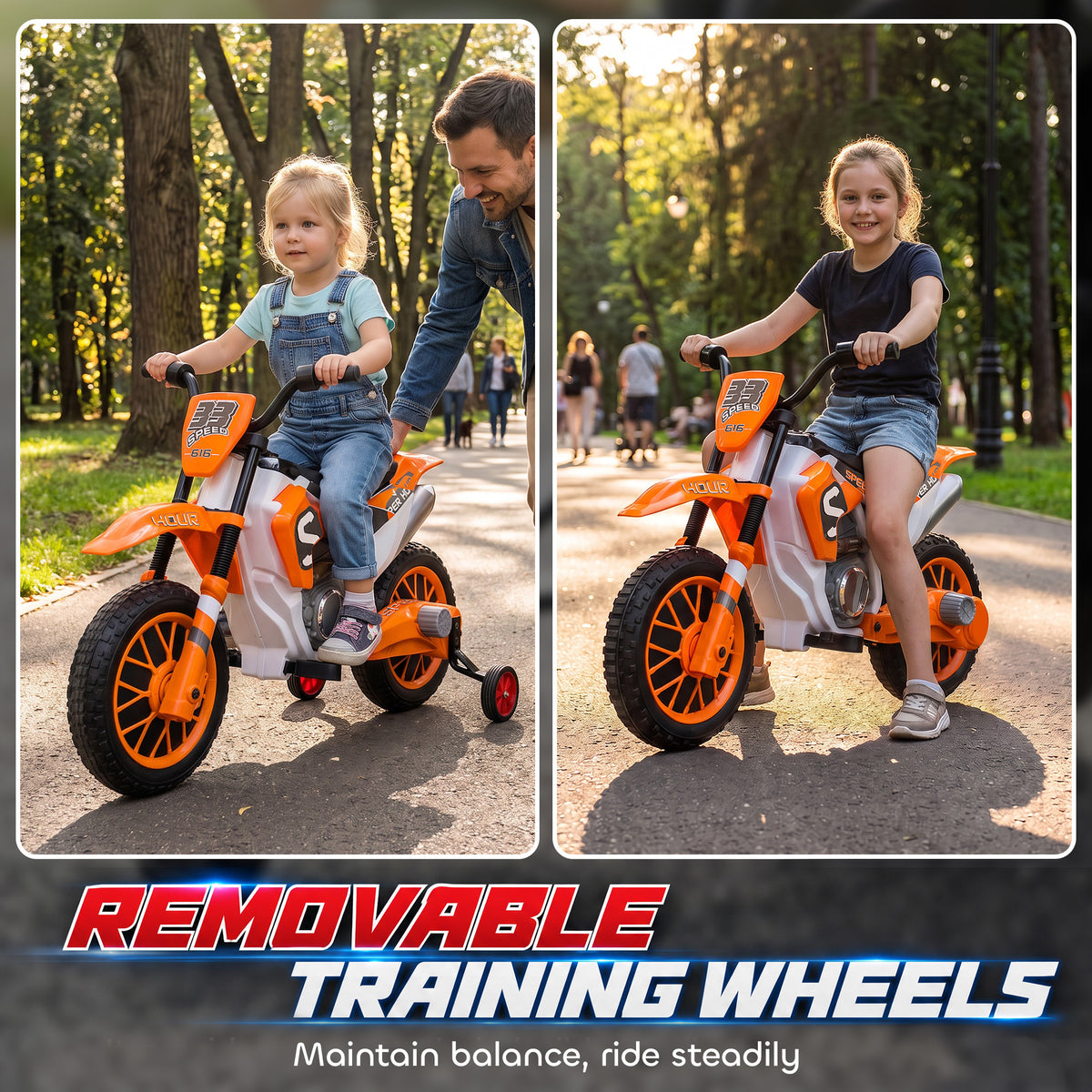 12V Kids Motorcycle with Dual Motors, Training Wheels, Rear Suspension, Soft Start, Max Speed 5 MPH, Ages 3-6, Orange