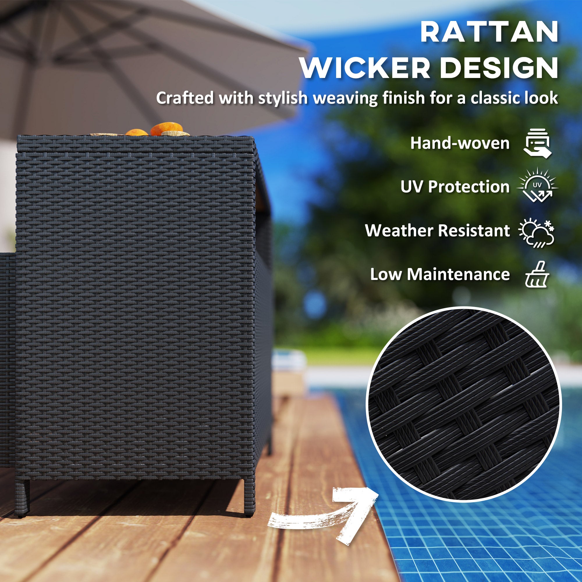 Outdoor Storage Cabinet with Acacia Wood Top, Two Doors, Shelf, Wicker Bar Table for Pool Towel Storage, Black - Black - Image 5