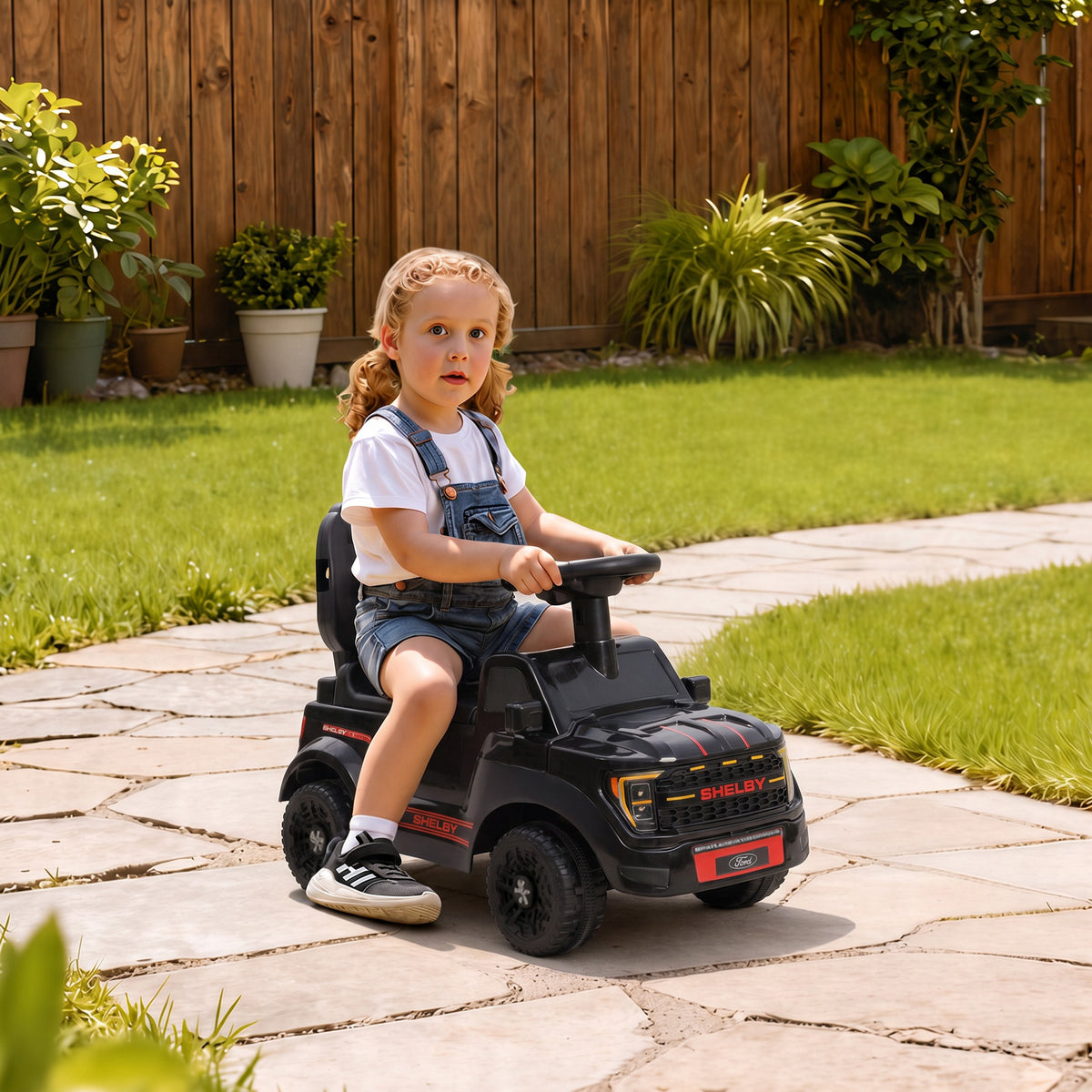 3-in-1 Push Car for 1-3, Licensed Ford Shelby Sliding Walking Car with Parent Handle, Canopy, Guardrail, Storage, Black