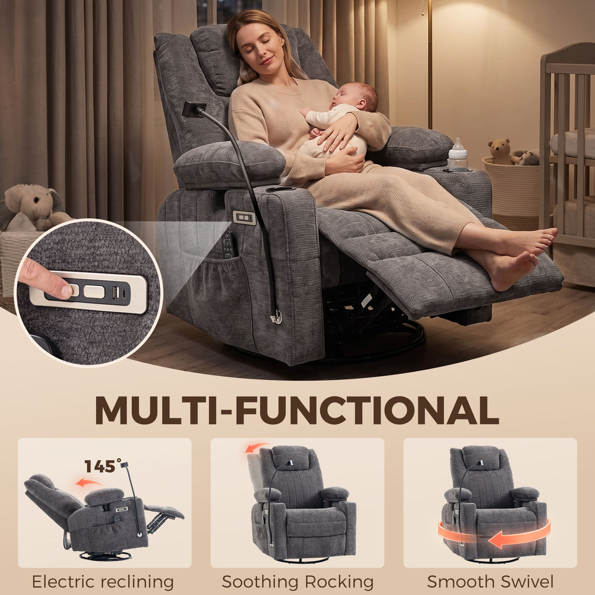 Swivel Rocker Power Recliner Chair with Massage Heat 2D Armrests Adjustable Headrest Phone Holder USB Port, Dark Gray