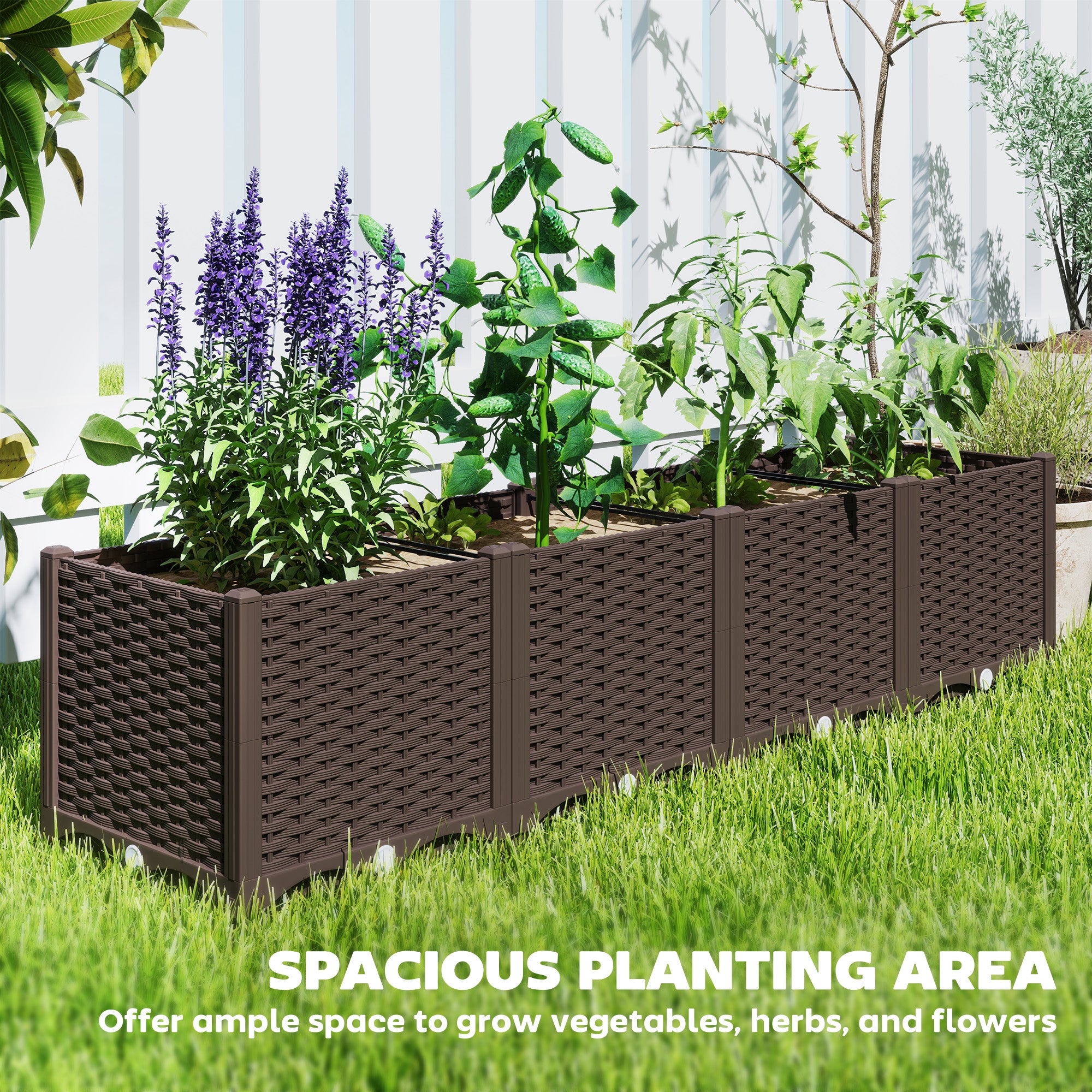 Plastic Raised Garden Bed, 5 x 1 x 1 ft Outdoor Flower Box with Drainage Holes for Vegetables, Herbs, Brown - Brown - Image 4