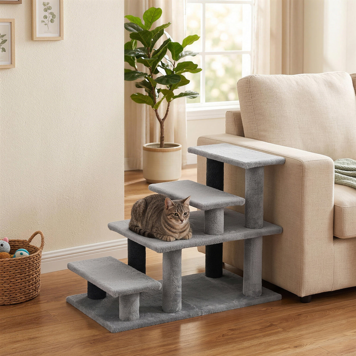 Pet Stairs, Cat Stairs with 2/3/4-Step Flexible Setup for Bed, Sofa, Gray