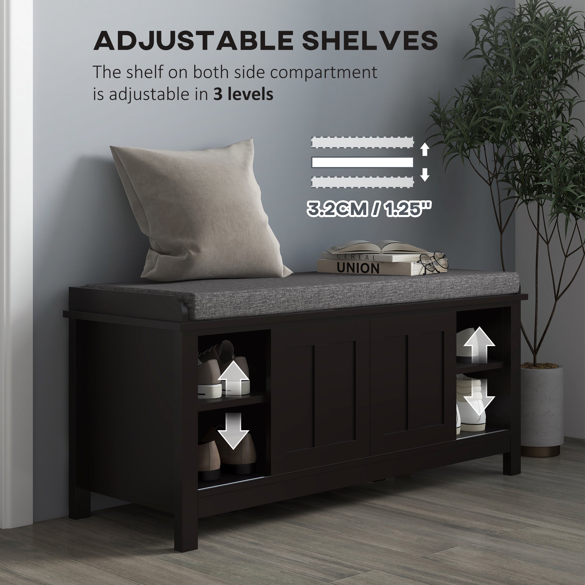 Modern Shoe Storage Bench, Entry Way Bench with Cushion, 2 Sliding Doors, Storage Ottoman Bench, Holds 10 Pairs, Black