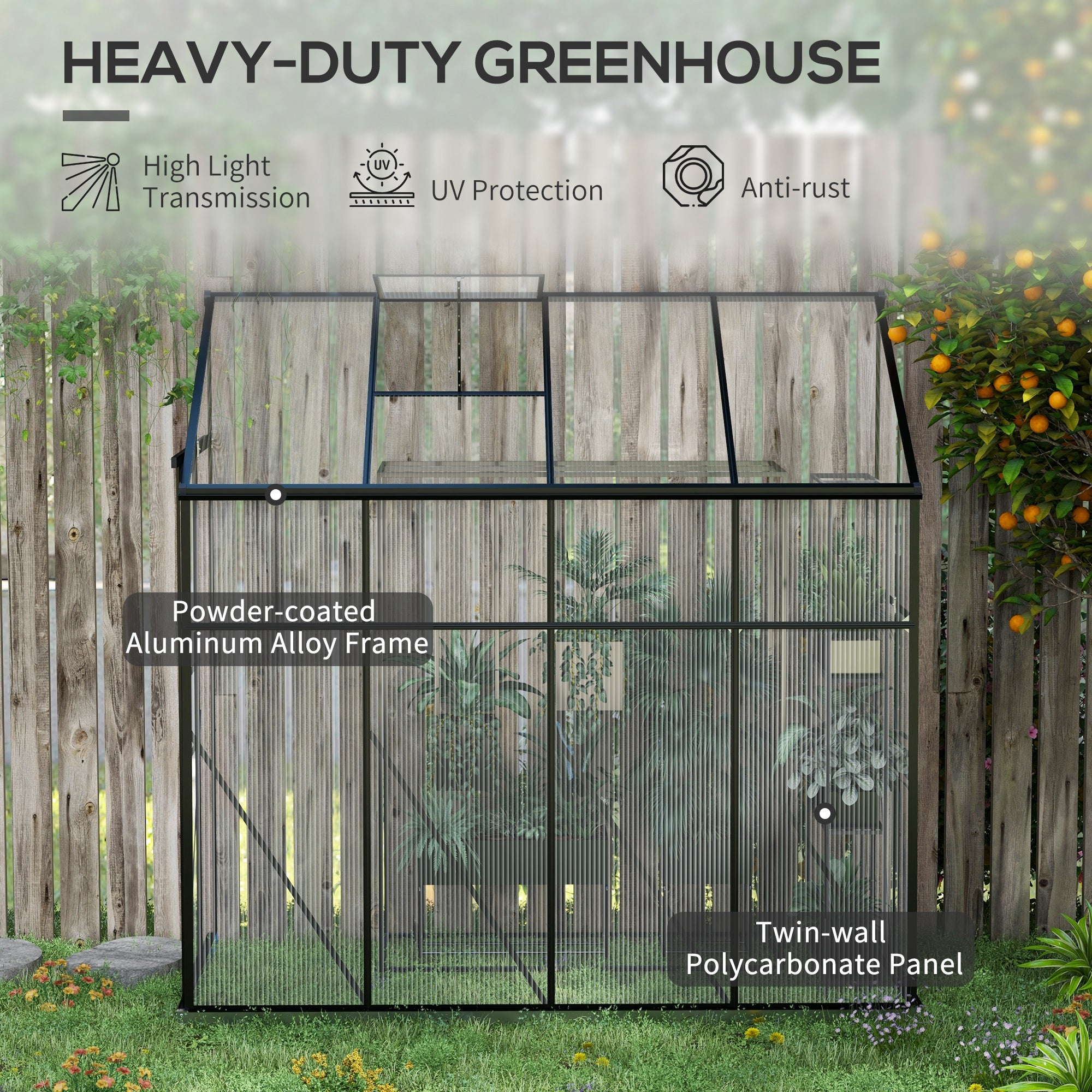 8' x 4' Walk-in Polycarbonate Greenhouse, Lean-to Aluminum Green House with Rain Gutter and Foundation, Black - Black - Image 4