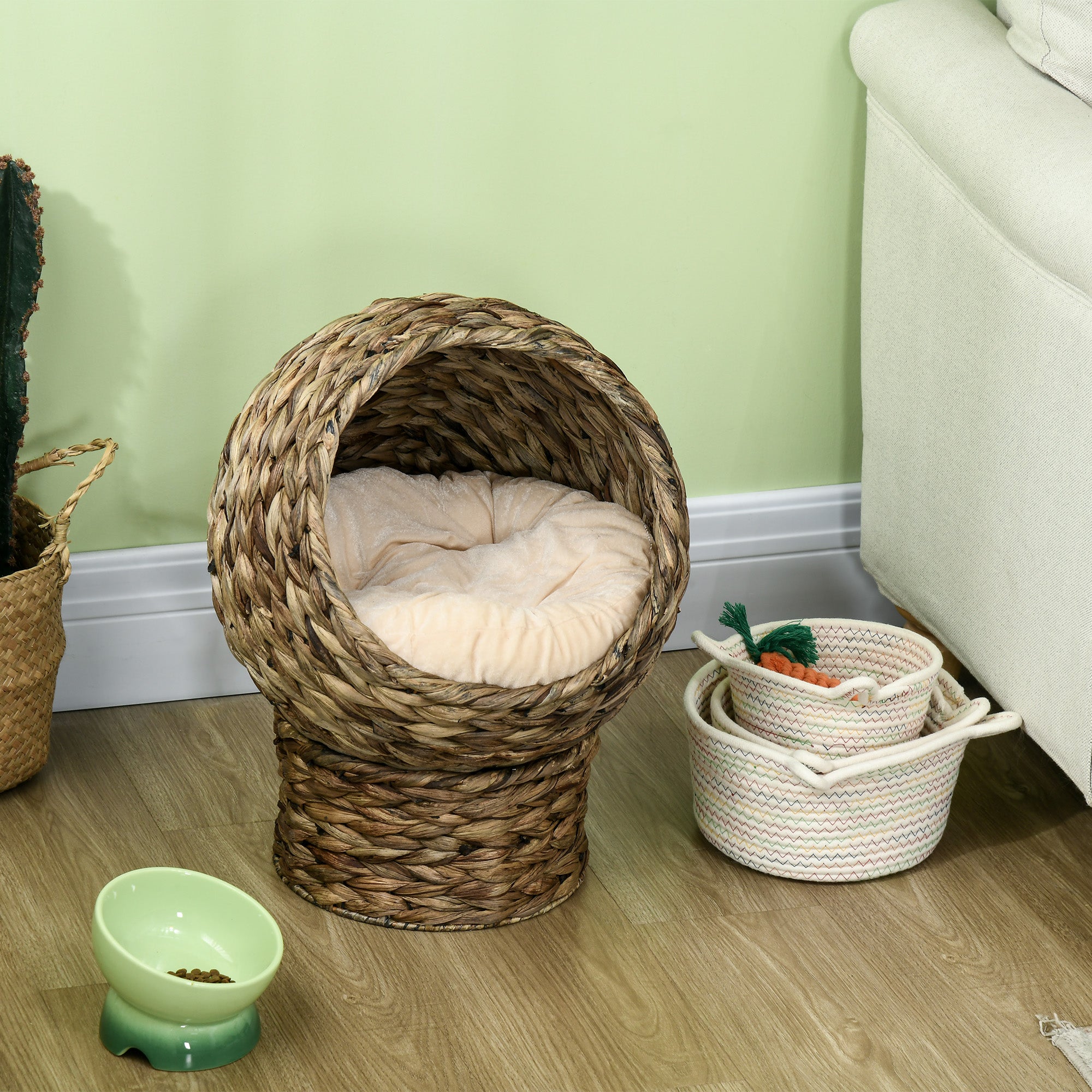 Handwoven Elevated Cat Bed with Soft Cushion & Egg Chair Shape, Basket Bed Kitty House with Stand, Raised Wicker House for Indoor Cats, 20" H, Gray - Dark Gray - Image 8