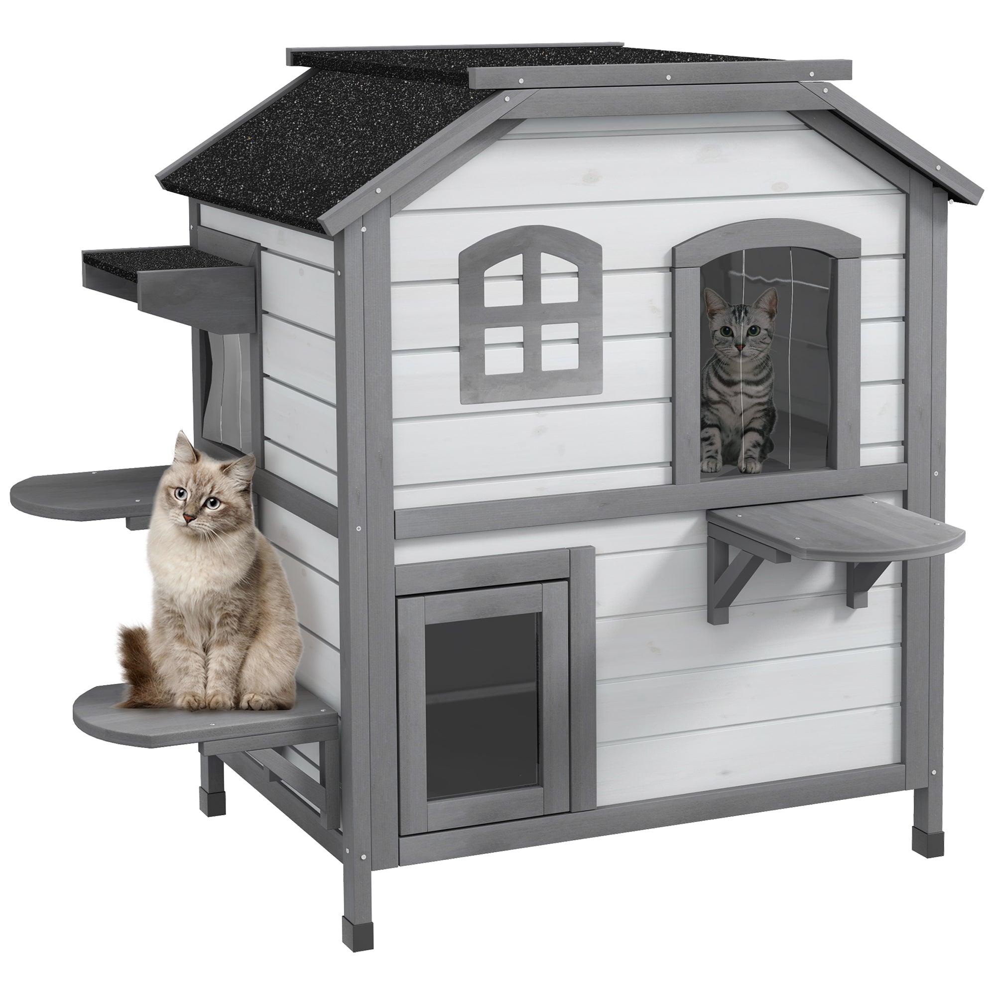 2-story Cat House Outdoor, Weatherproof Wooden Cat Enclosure for Feral Cats with Escape Door, Openable Roof, Jumping Platforms, White - White