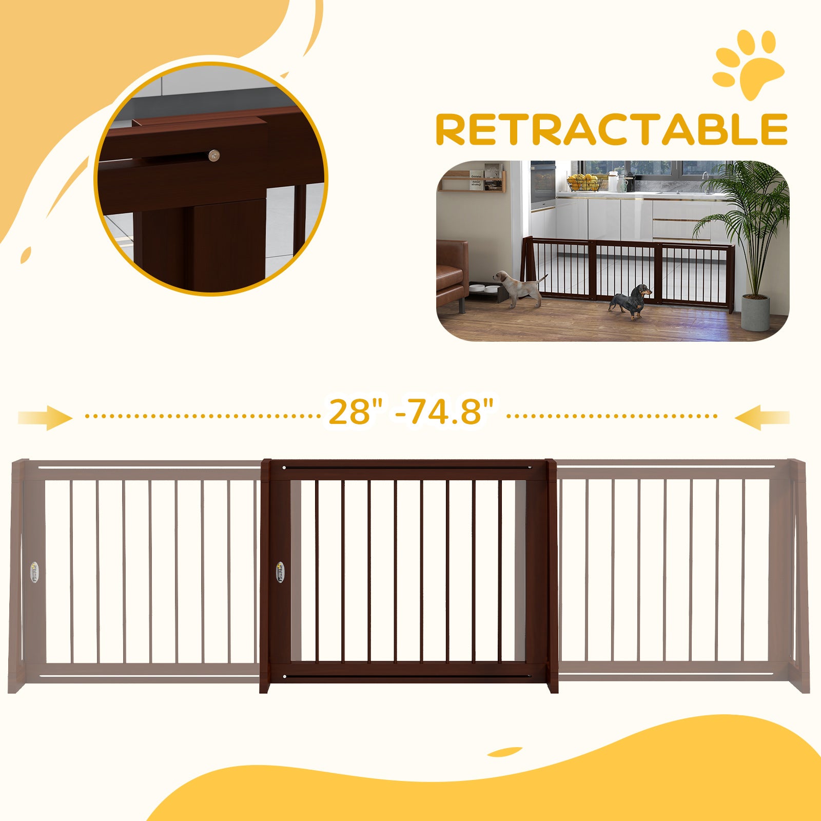 28"-75" Freestanding Wooden Pet Gate with Support Feet & Non-Slip Mats for Indoor, Stairway, Doorway, Brown - Brown - Image 5