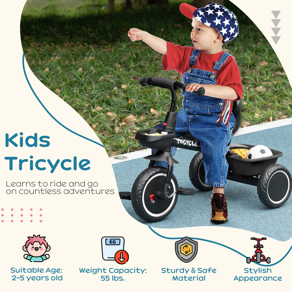 Qaba Tricycle for Toddlers Age 2-5 with Adjustable Seat, Storage Baskets, Black