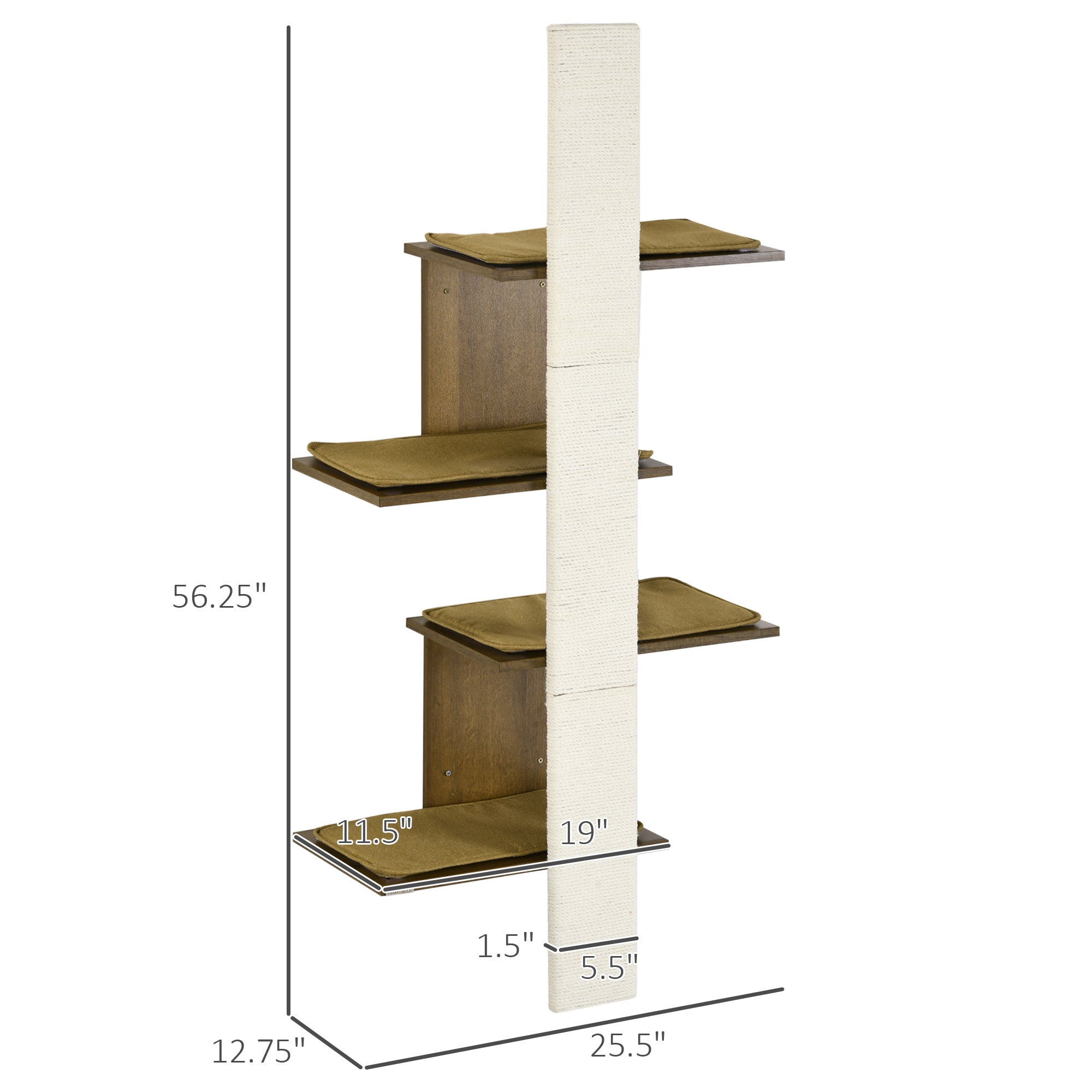 Wall-Mounted Cat Tree, 4-Layer Cat Wall Shelves Furniture with Scratching Board, Kitten Activity Center with Cushions, Natural - Natural wood finish - Image 3