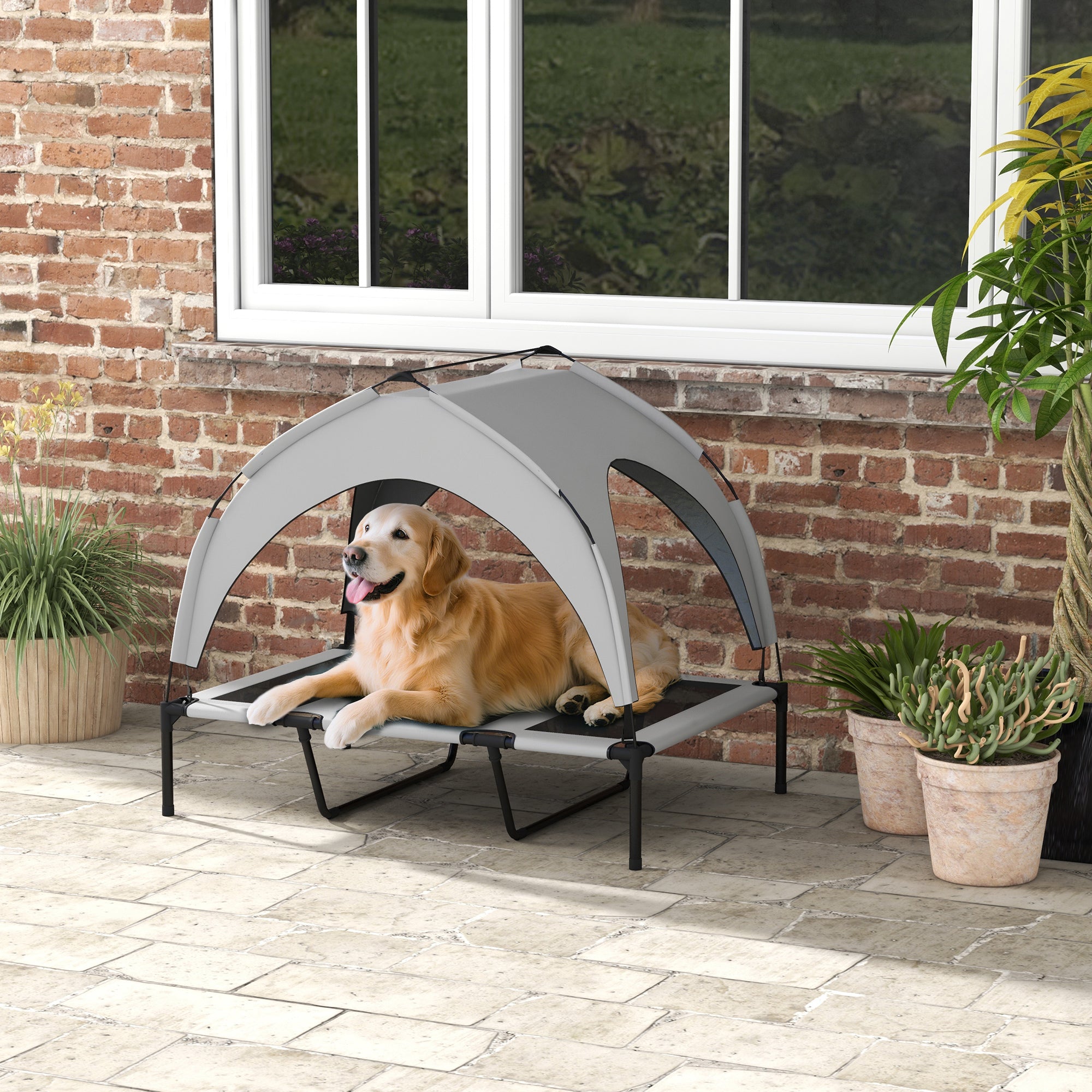Elevated Dog Bed with Canopy, Raised Outdoor Pet Bed for Camping with Washable Breathable Mesh, 42" x 30" x 37" - Light Gray - Image 2
