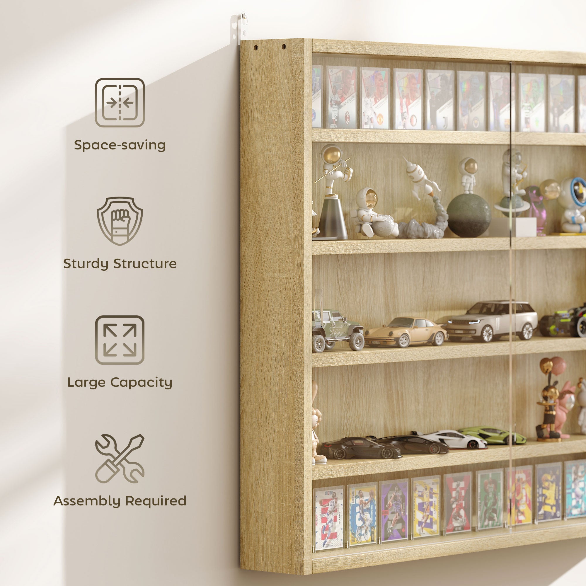 5-Tier Display Cabinet, Wall-Mounted Display Case with 2 Glass Doors and Adjustable Shelves, Oak