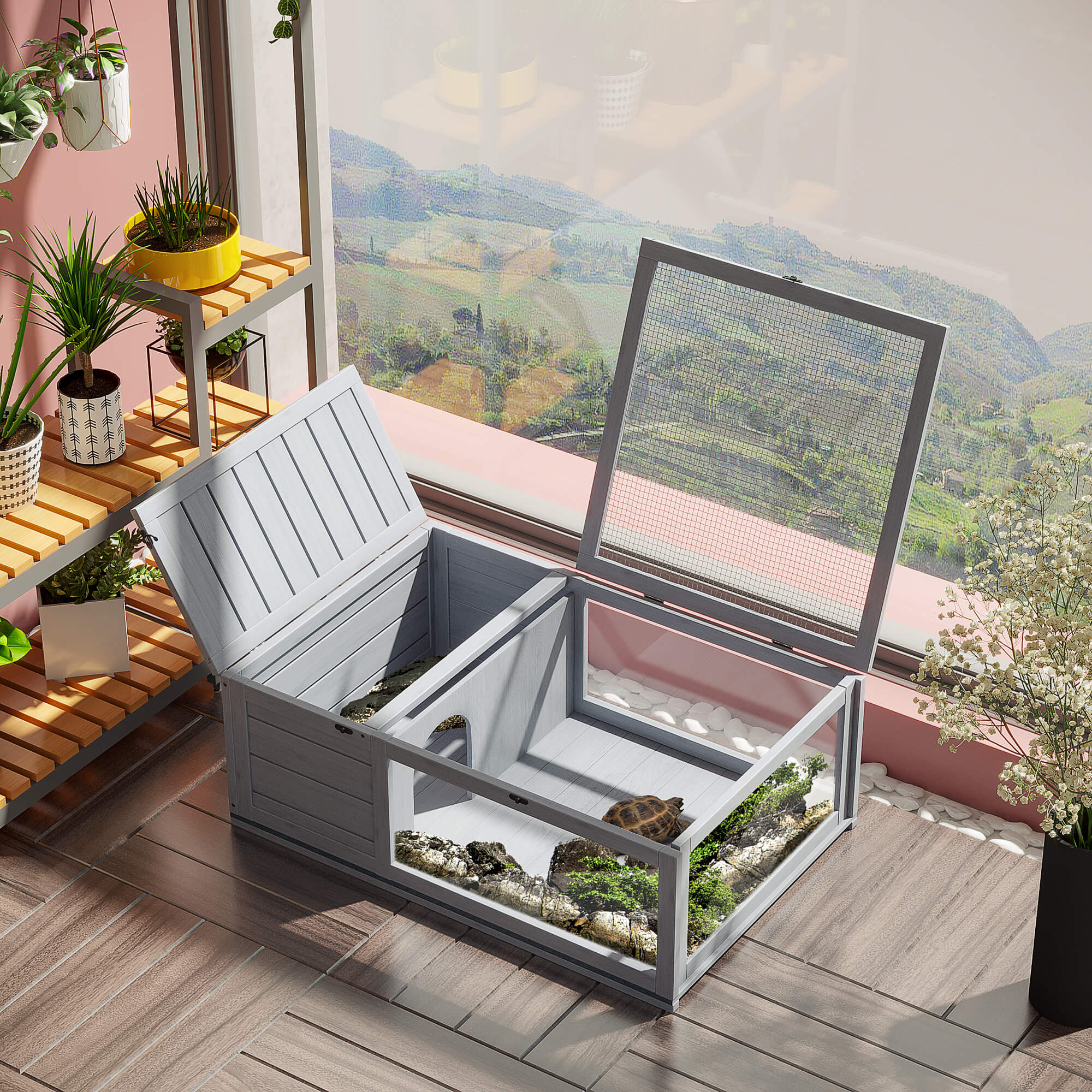 Wooden Reptile Cage with 3 Windows Slide-out Tray for Turtles, Lizards, Snakes - Grey - Image 2