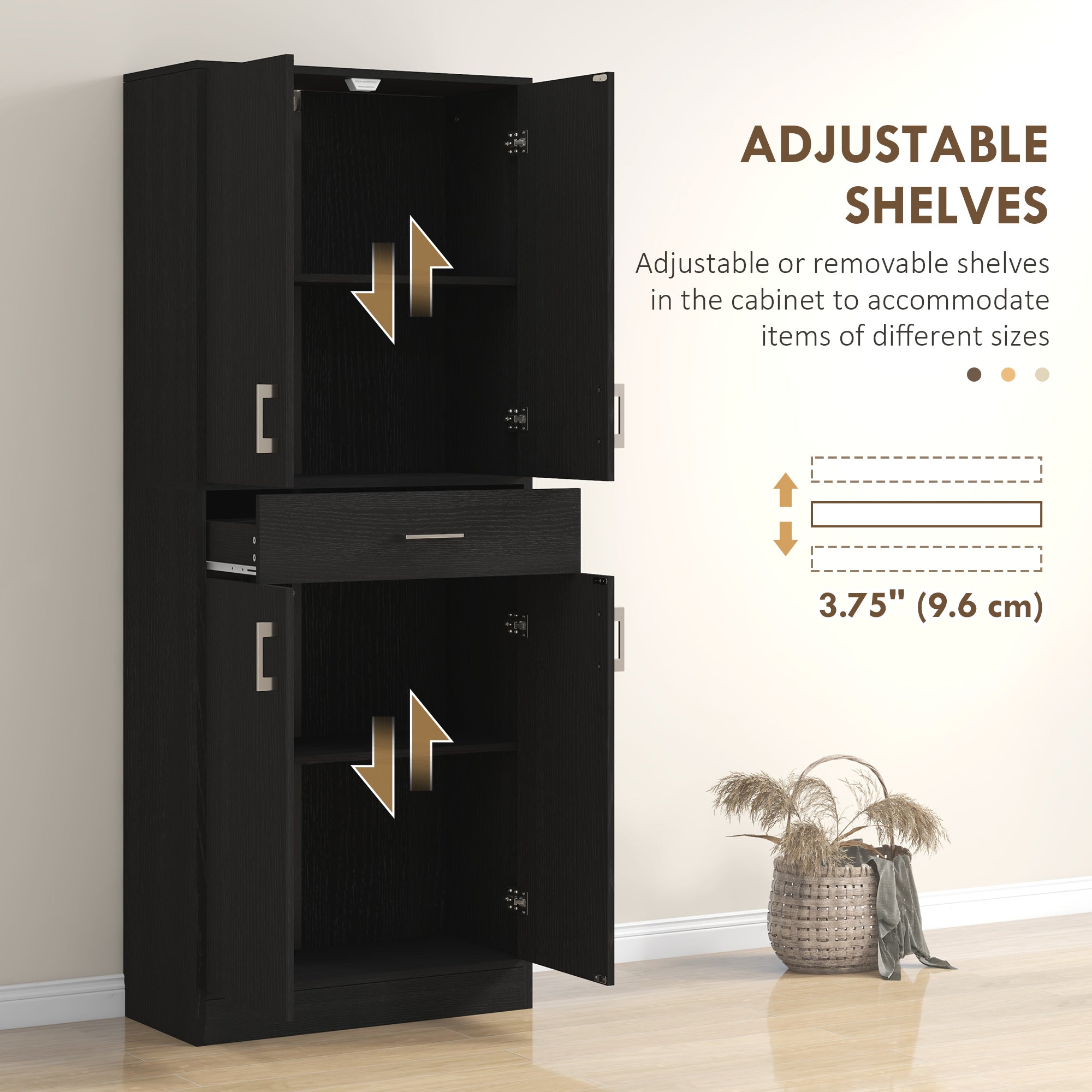 71" Kitchen Cabinet with Drawer and Adjustable Shelf, Freestanding Tall Kitchen Pantry, Distressed Black