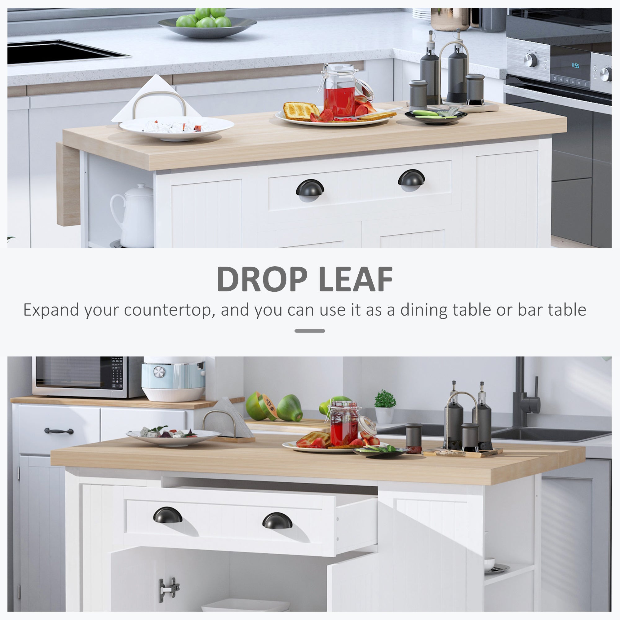 47" Fluted-Style Wooden Kitchen Island, Kitchen Countertop Storage Cabinet with Drawer, Open Shelves, Storage, White