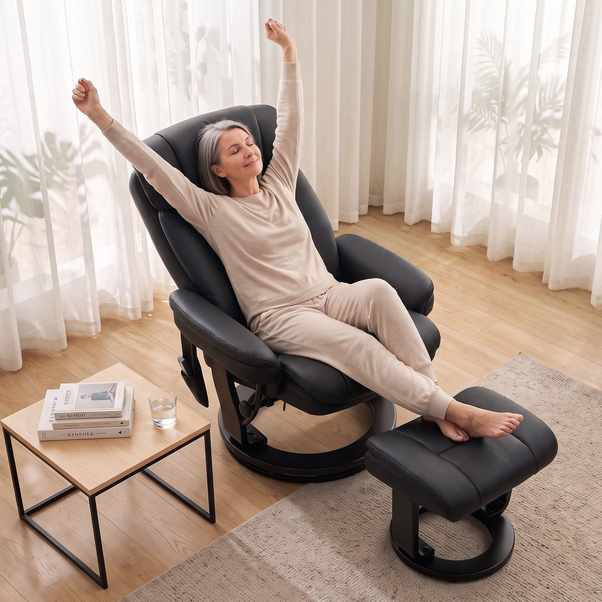 PU Leather Massage Recliner Chair with Ottoman, 10-Point Vibration, Swivel Armchair, Black