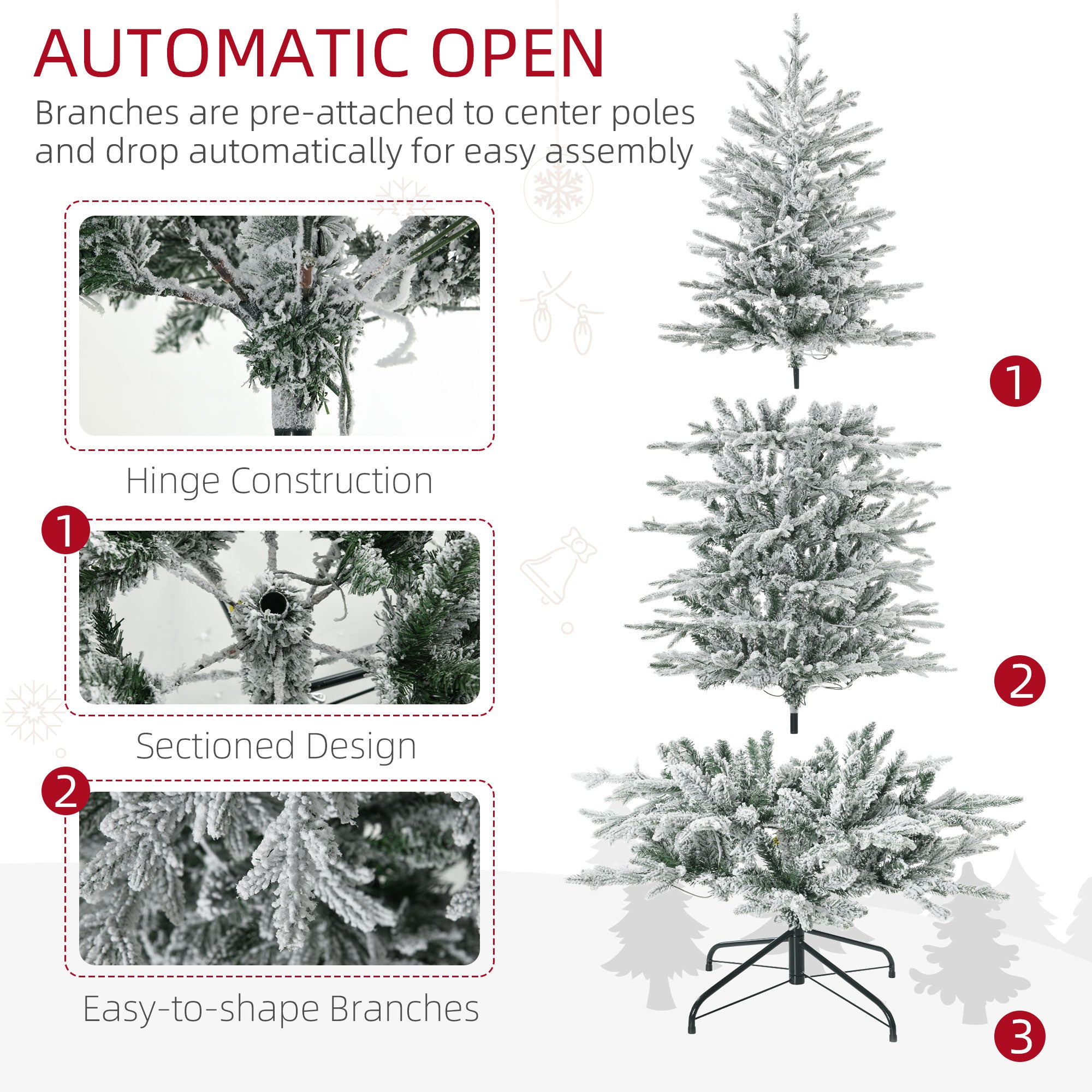 6' Pre Lit Artificial Flocked Christmas Trees, with Snow Branches, Warm Yellow Clear Lights, Auto Open, Extra Bulb