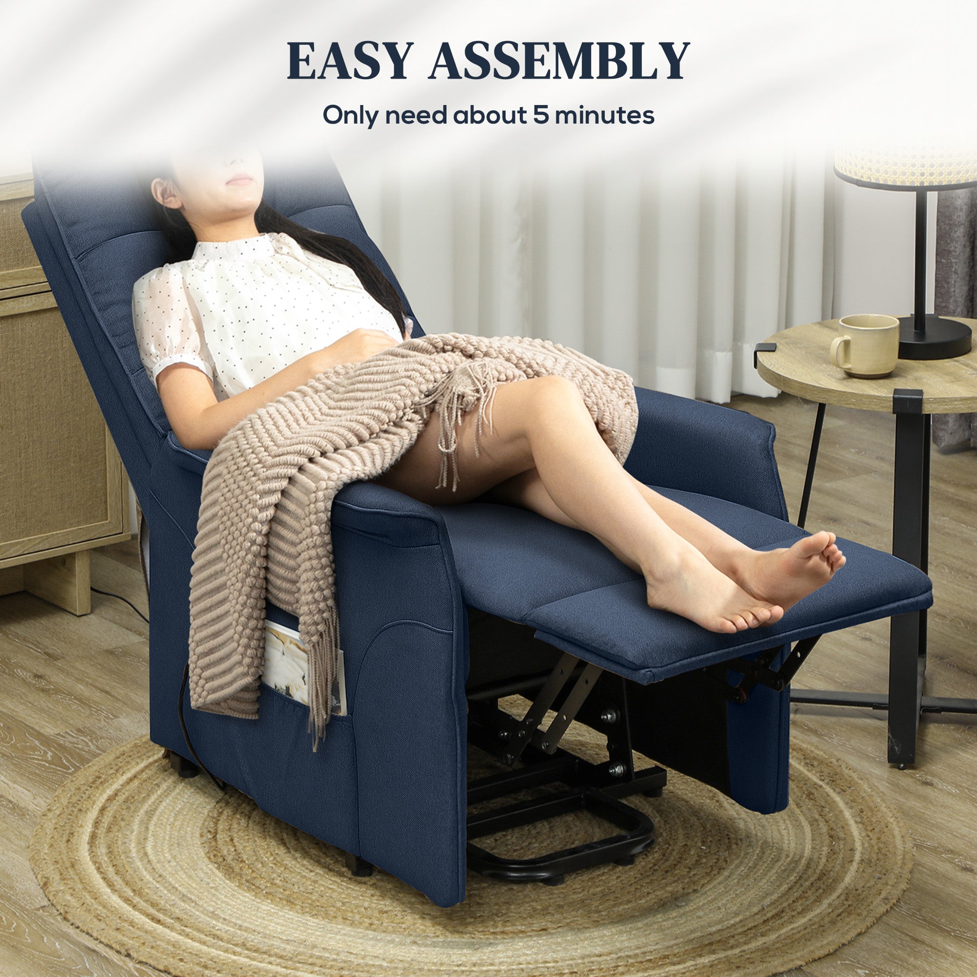 Power Lift Chair for Elderly, Fabric Recliner Sofa with Remote Control, Side Pockets, Quick Assembly, Deep Blue