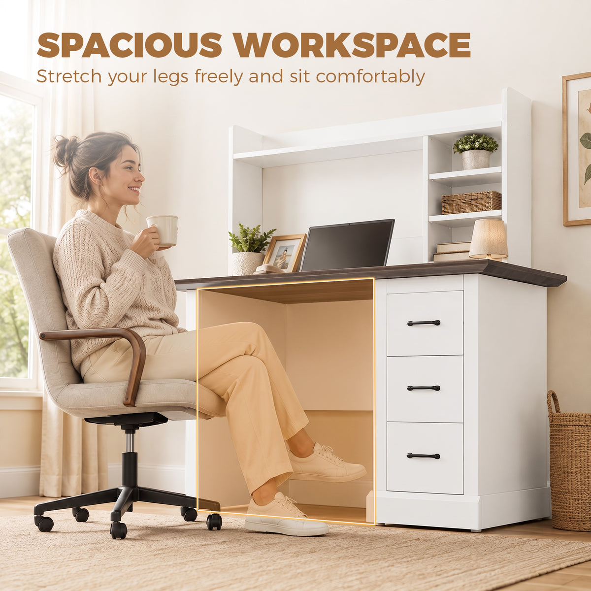 Computer Desk with 3 Drawers and Storage Shelves, 47" Home Office Study Writing Table, Walnut and White