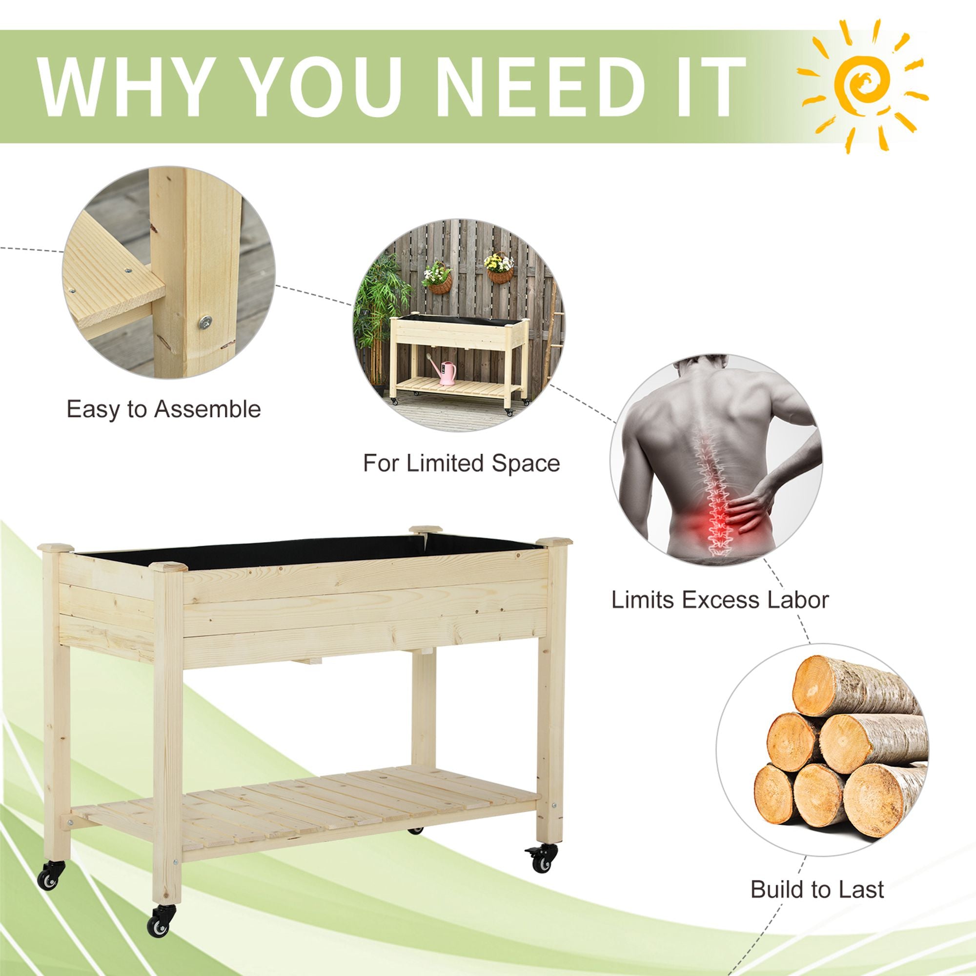 Raised Garden Bed, 47" x 22" x 33", Elevated Wooden Planter Box w/ Lockable Wheels, Storage Shelf, and Bed Liner for Backyard, Patio, Natural - Natural - Image 6